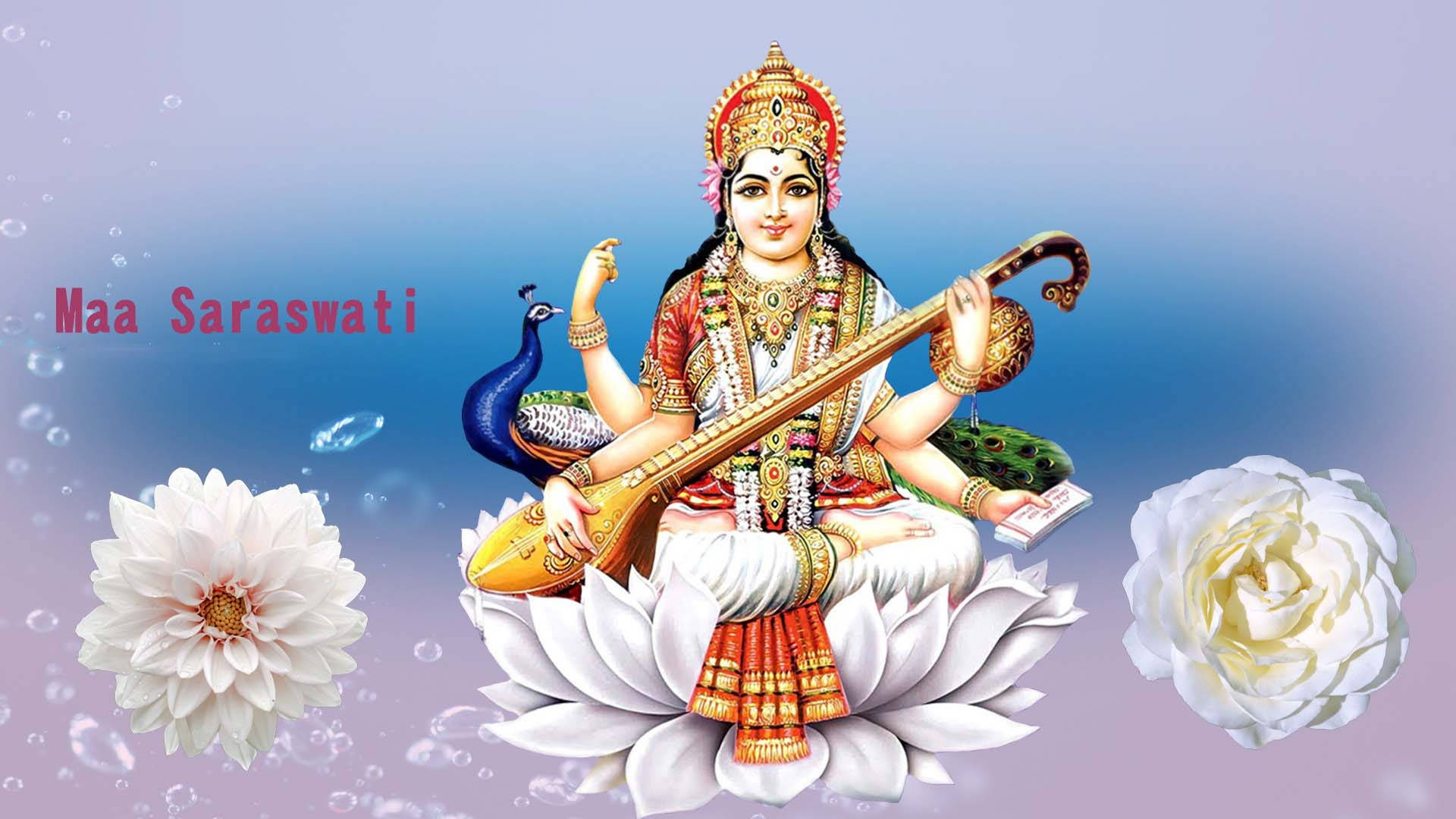 Saraswati Mata With White Flowers Background