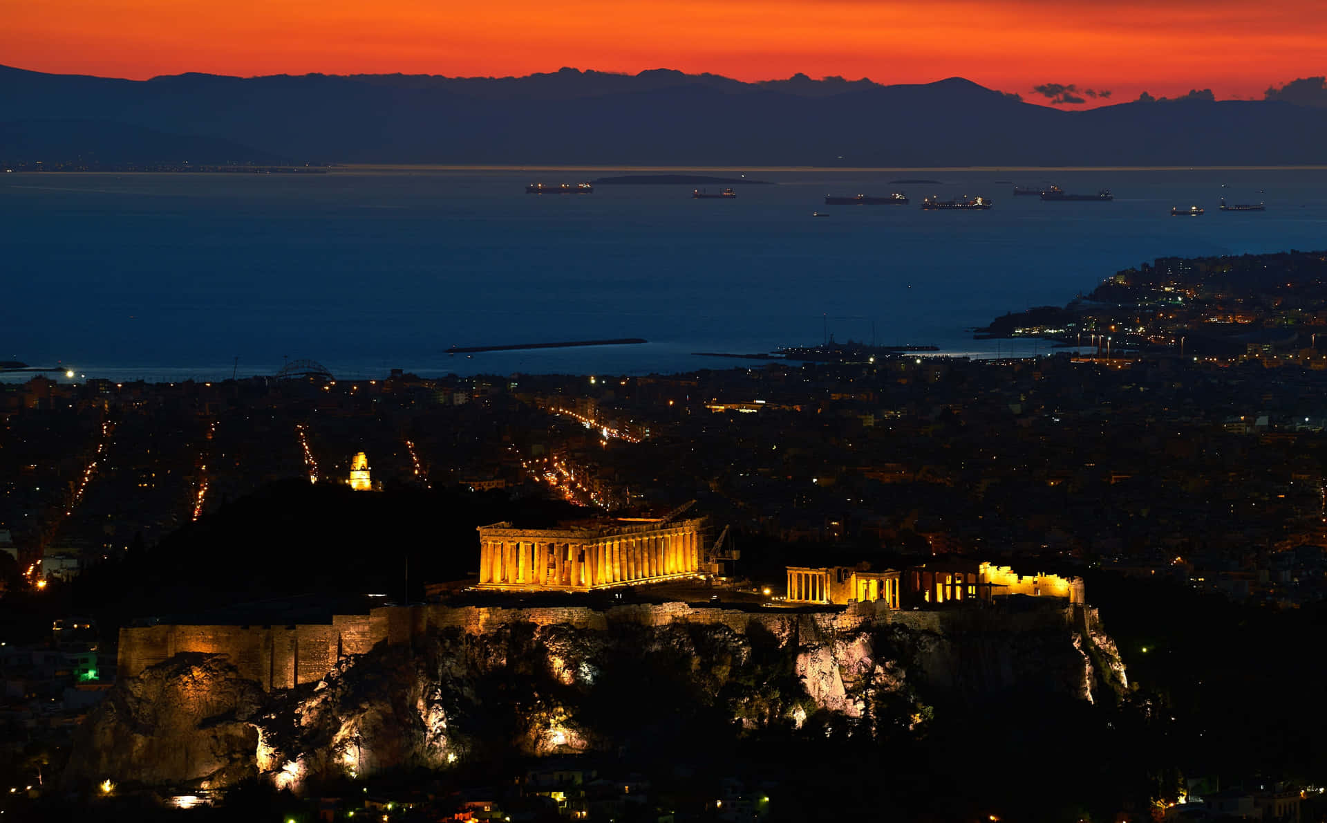 Saronic Gulf With The Entire Acropolis During Sunset Background