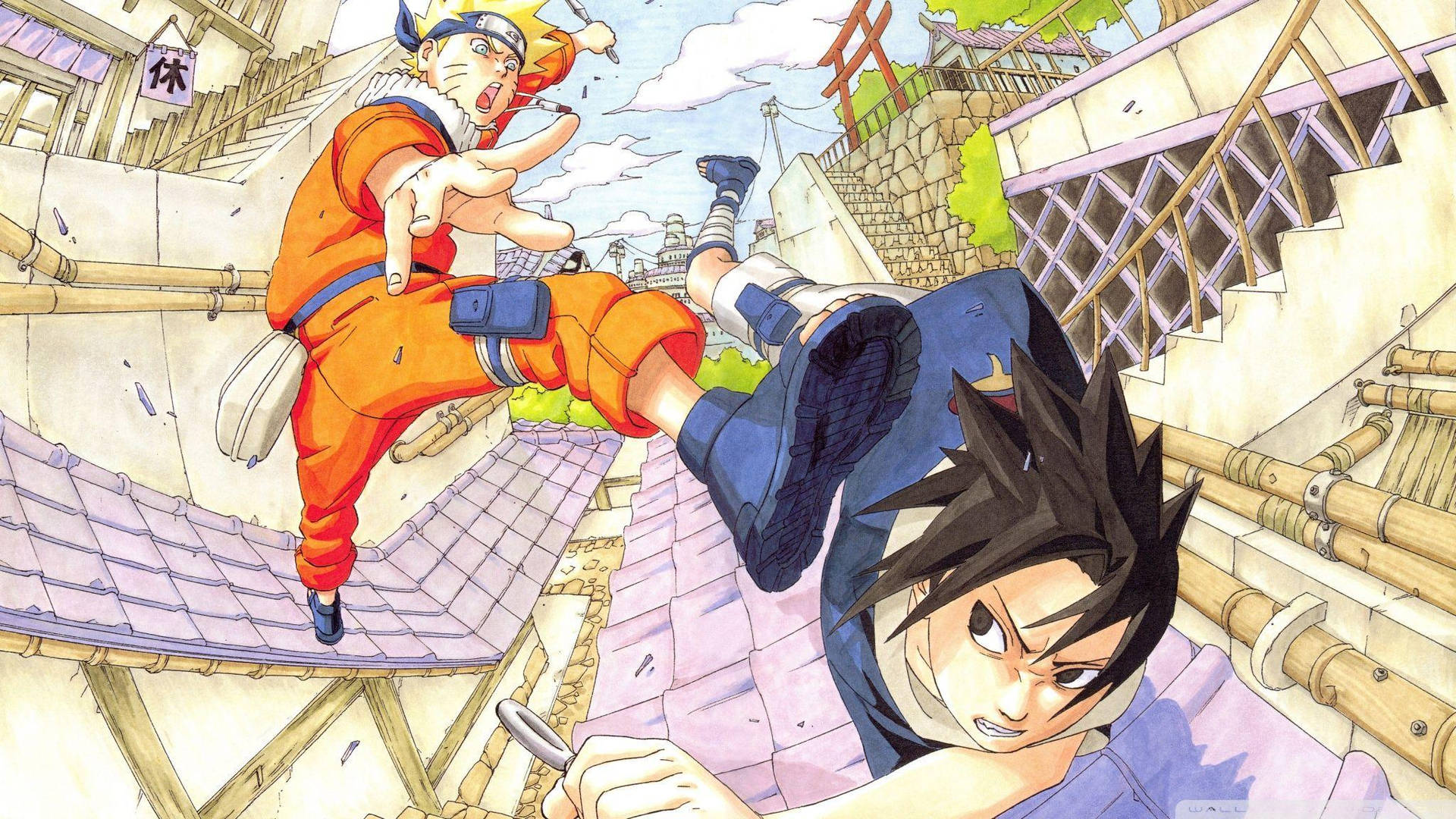 Sasuke Vs Naruto In Konoha Background