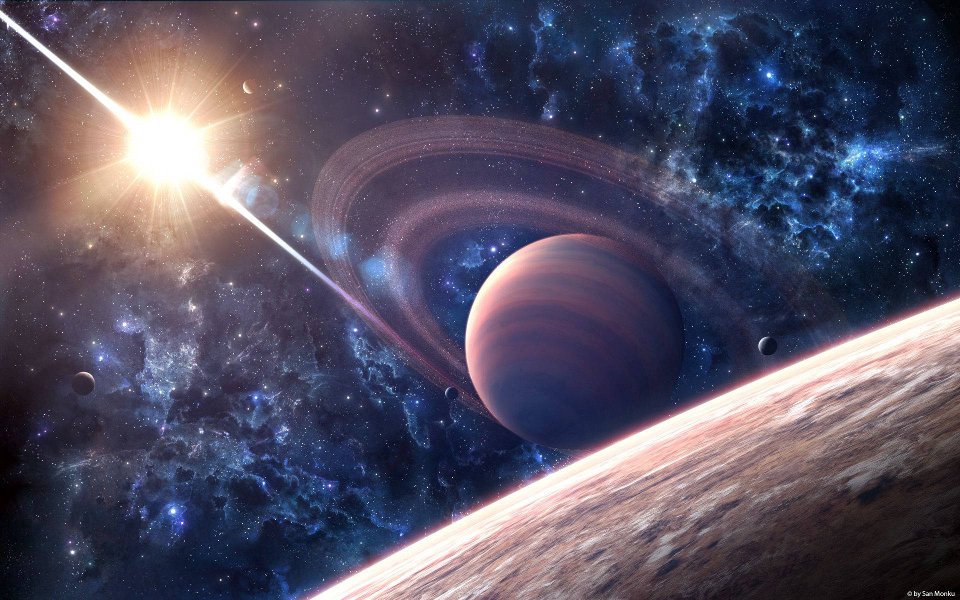 Saturn And Stars In Galaxy Background