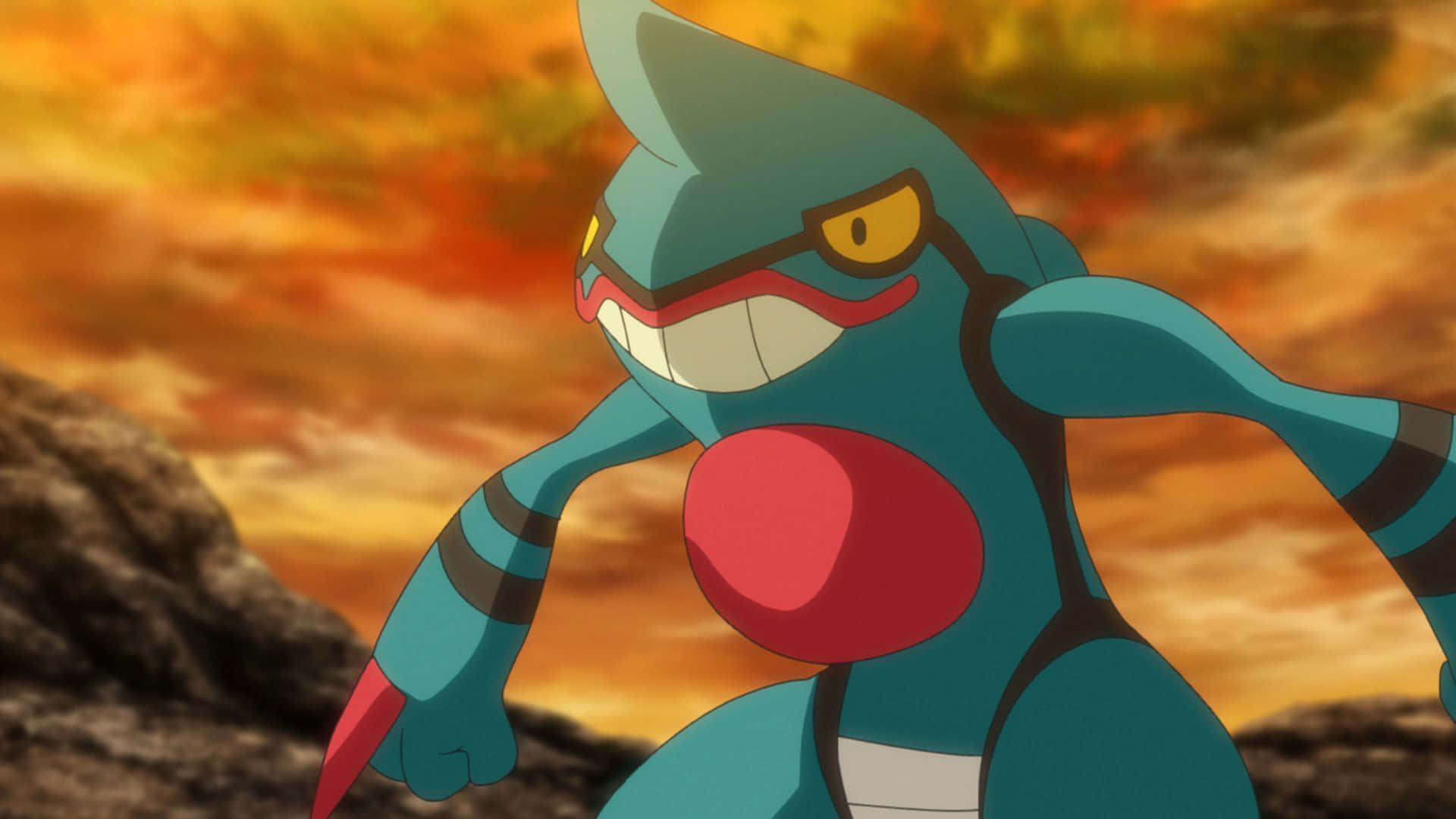 Saturn's Toxicroak Pokemon With Orange Skies Background