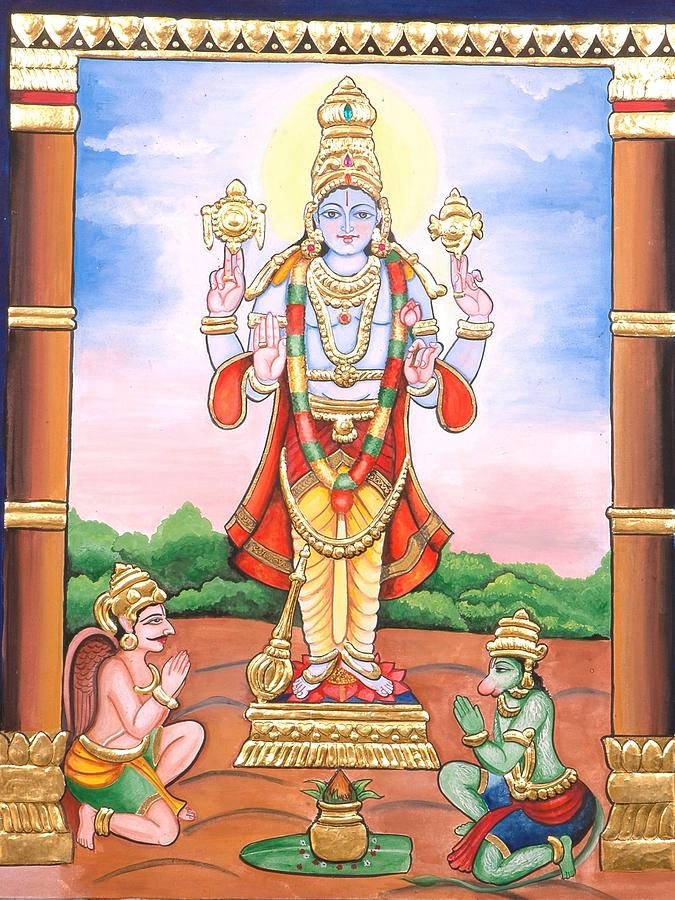 Satyanarayana Swamy With Garuda And Hanuman Background