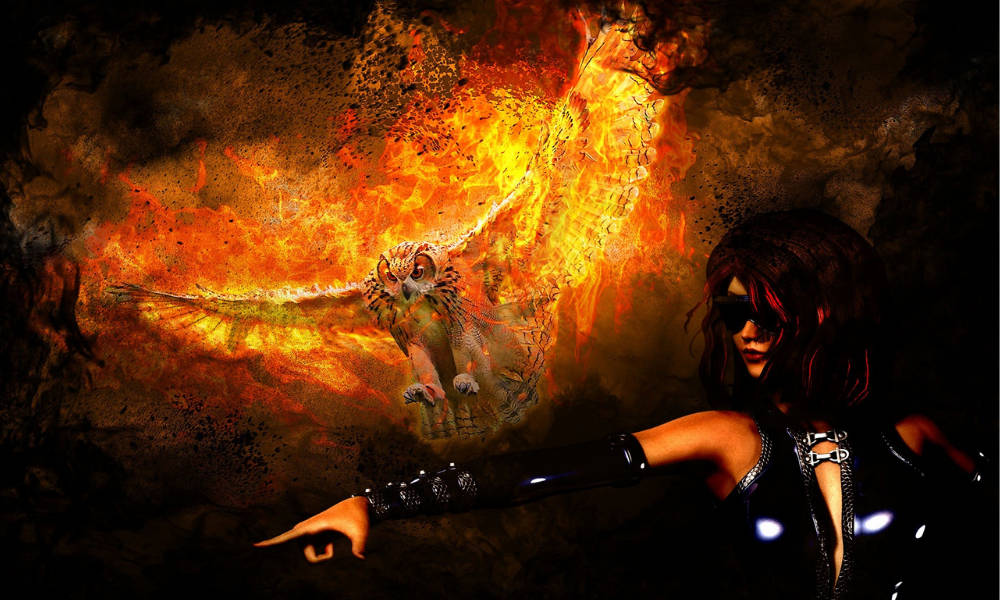 Savage Lady And Owl Fire Wings Background