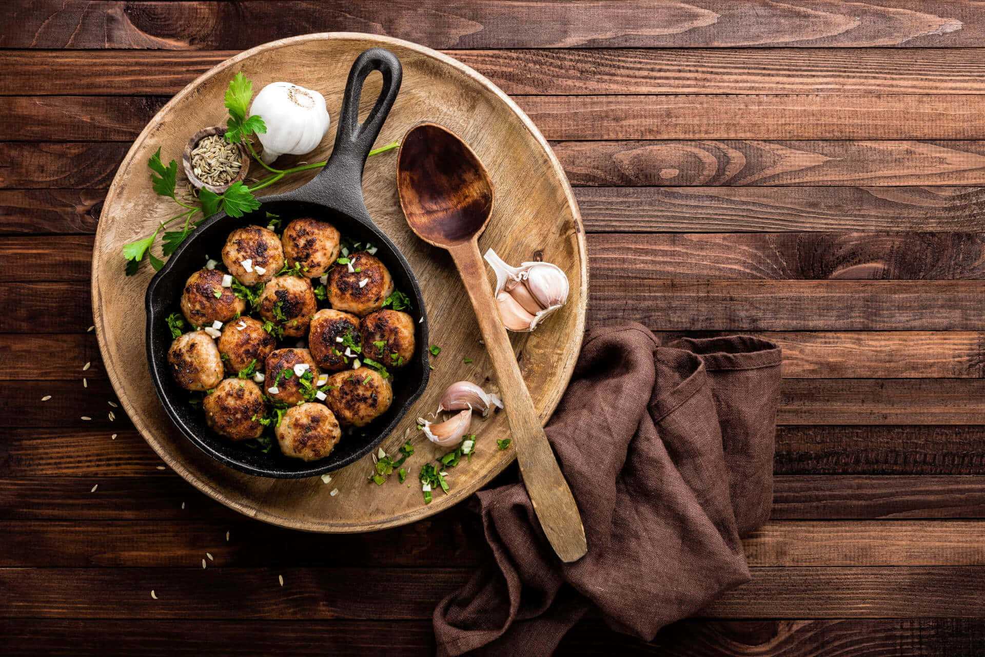 Savory Meatballsin Cast Iron Skillet Background