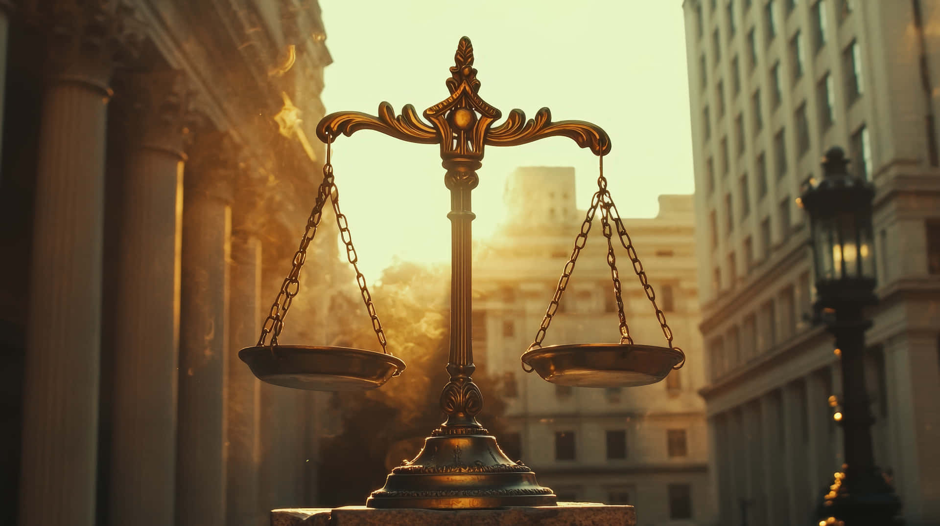 Scales Of Justice In Front Of Historic Courthouse Background