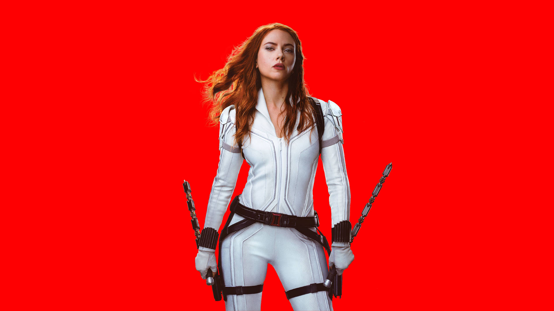 Scarlett Johansson As Black Widow In Red Background Background