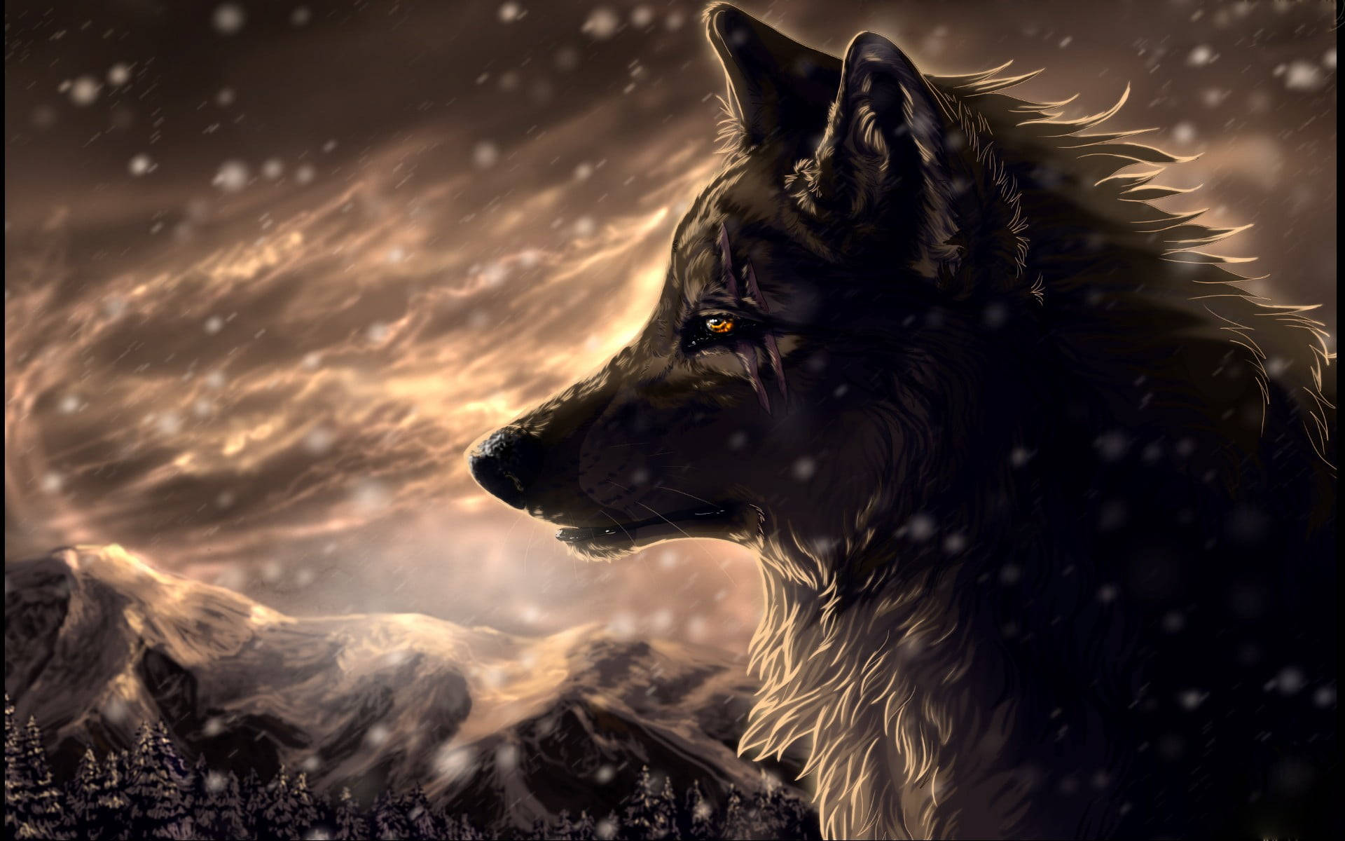 Scarred Black Wolf Background