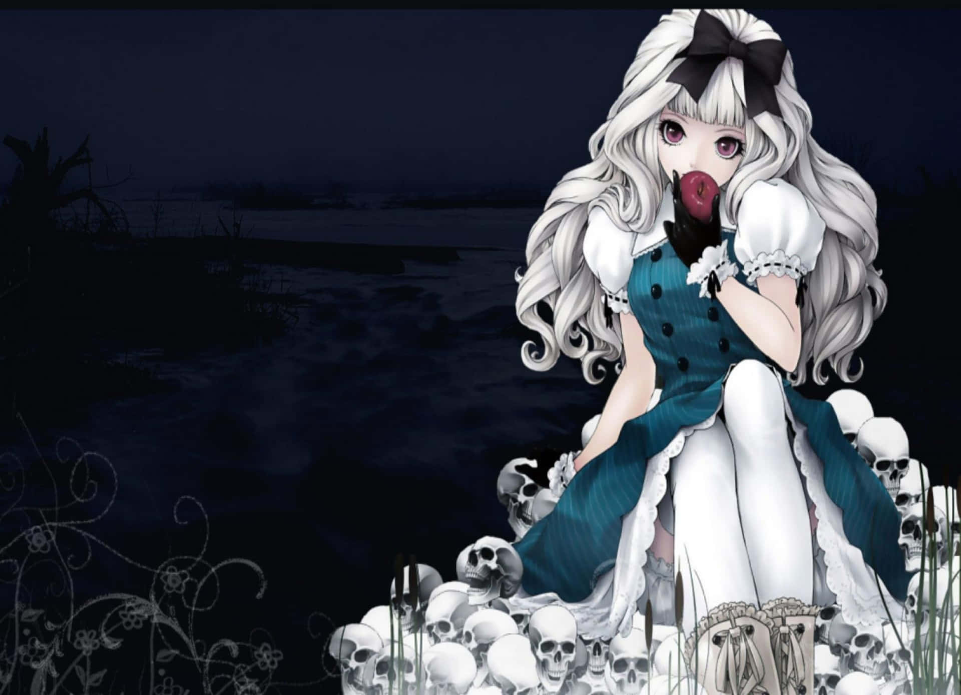 Scary Anime Alice Sits On Pile Of Skulls