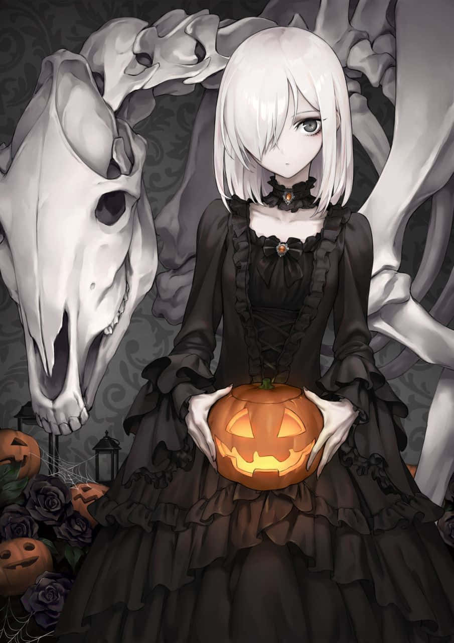 Scary Anime Girl Holding A Pumpkin Background