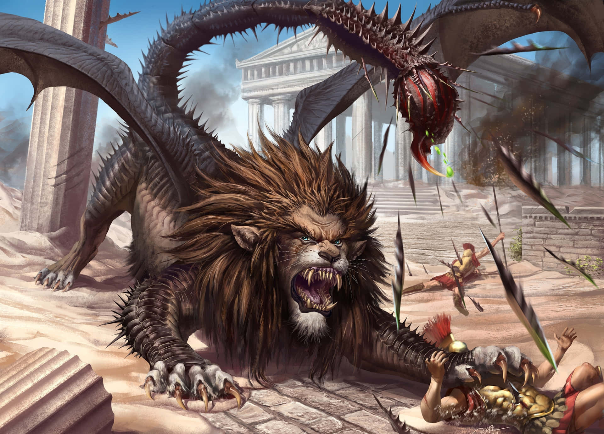 Scary Dragon Half Lion Attacking Background