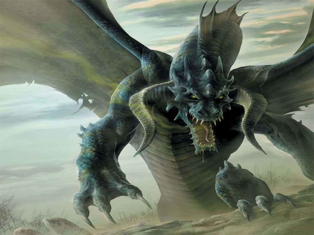 Scary Dragon With Horns Background