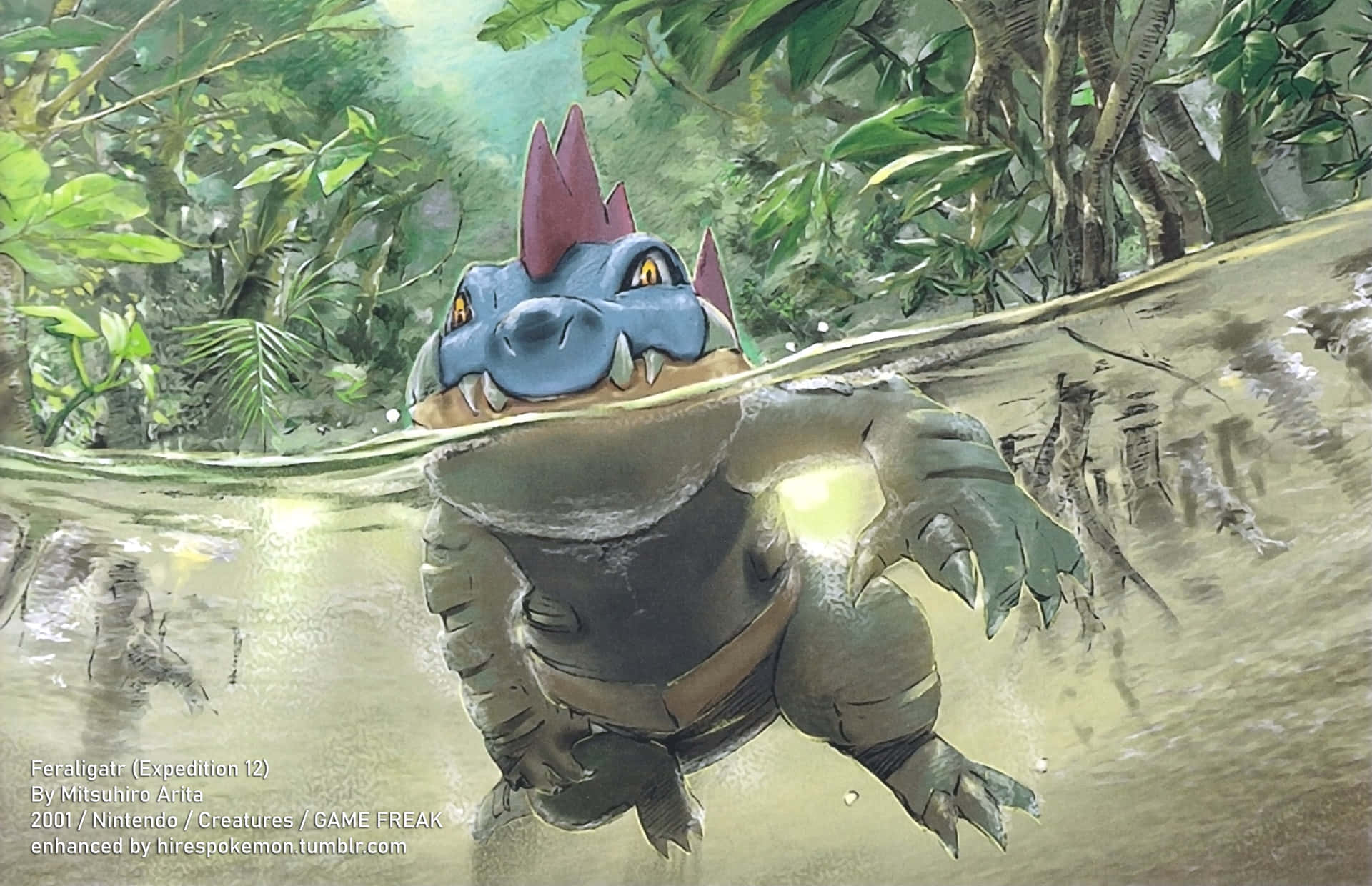 Scary Feraligatr Swimming With His Head Above The Water Background