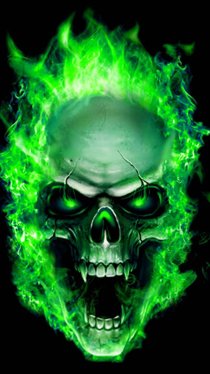 Scary Green Fire Skull Background