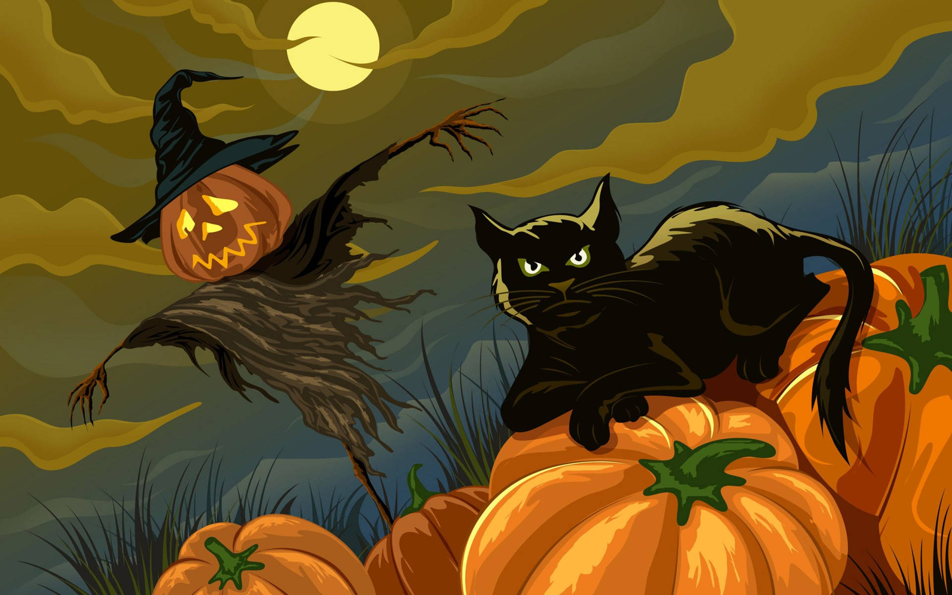 Scary Halloween Black Cat And Scarecrow Background