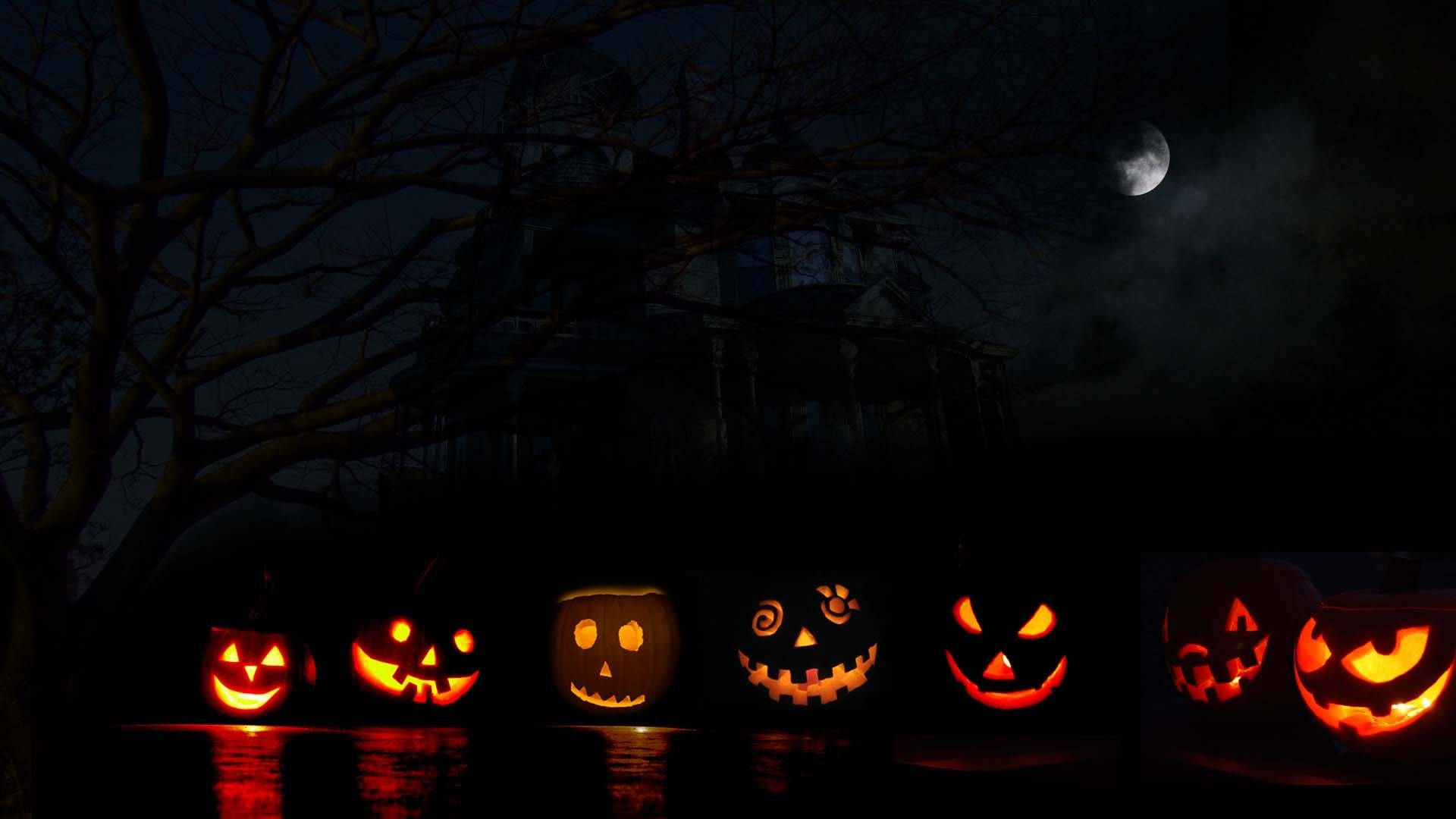 Scary Halloween Carved Pumpkin Lanterns Background