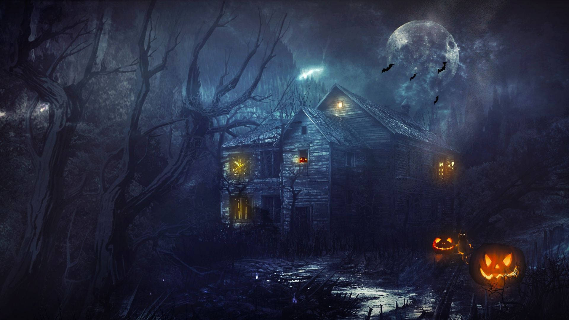 Scary Halloween Haunted House With Pumpkins Background