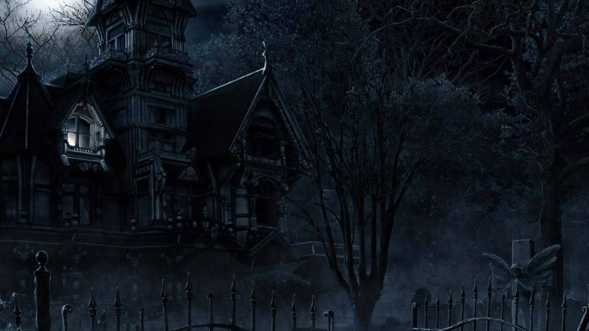Scary Halloween Haunted Mansion In Dark Background