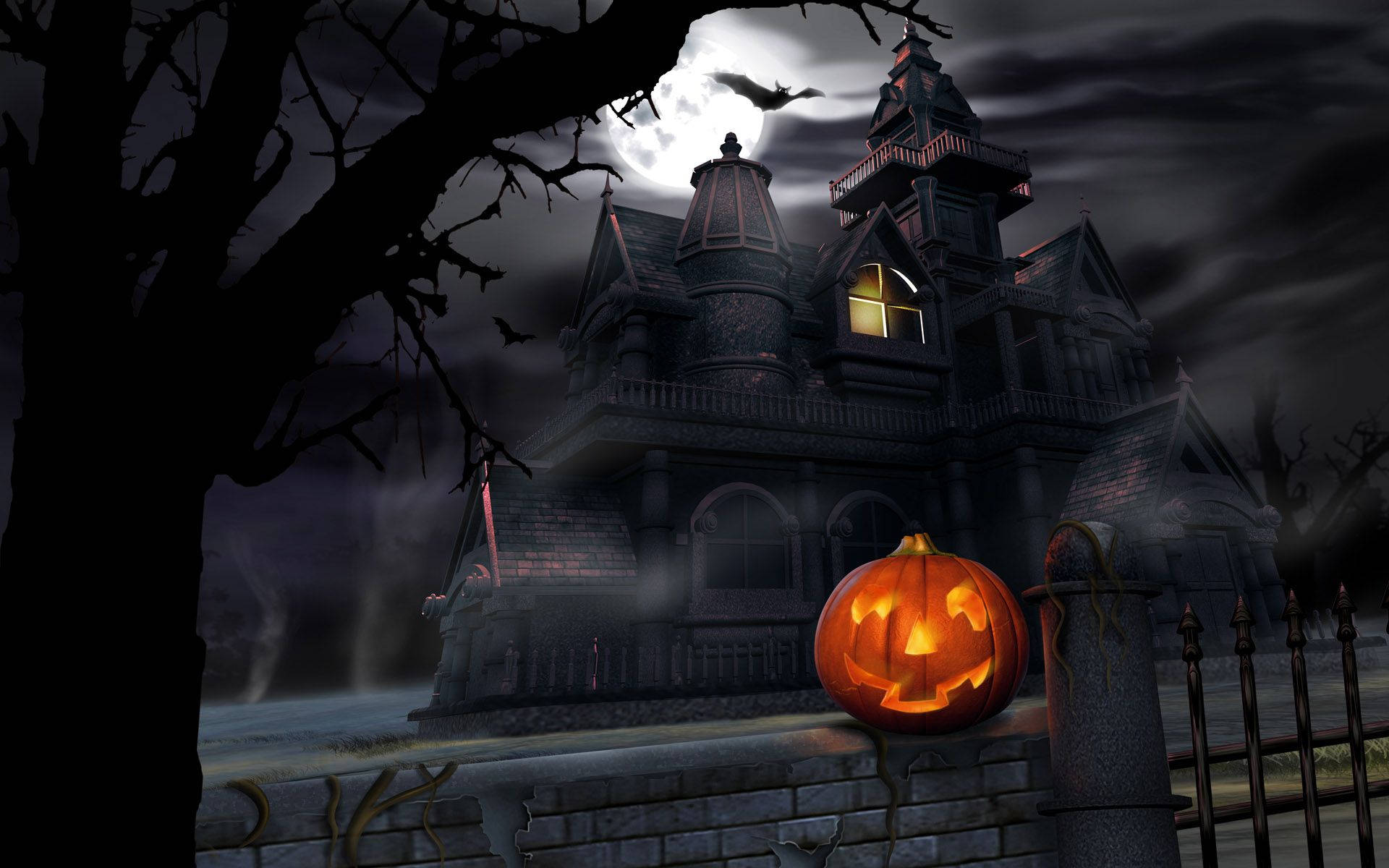 Scary Halloween Pumpkin And Haunted House Background