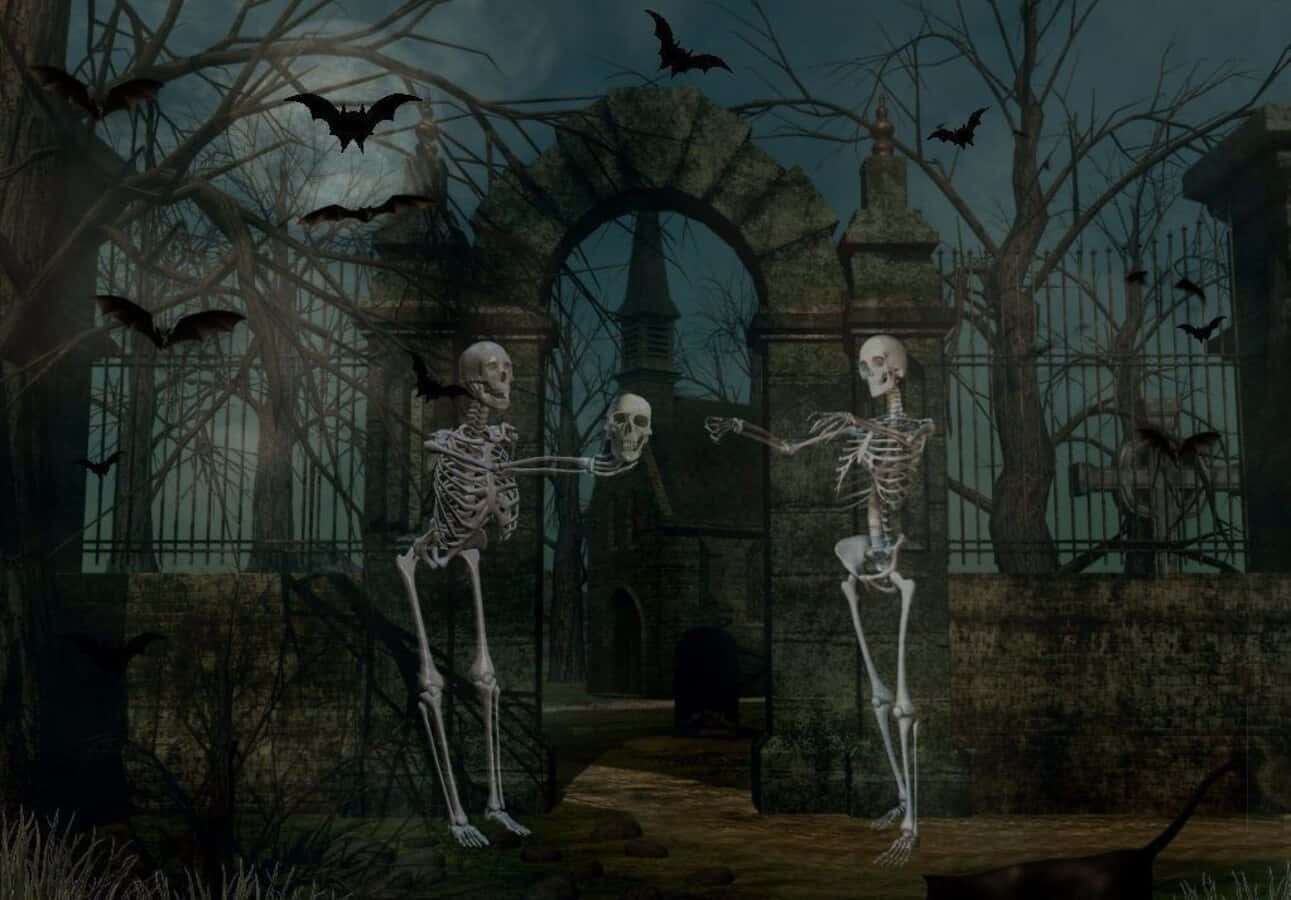 Scary Halloween Skeleton In A Haunted Graveyard Background