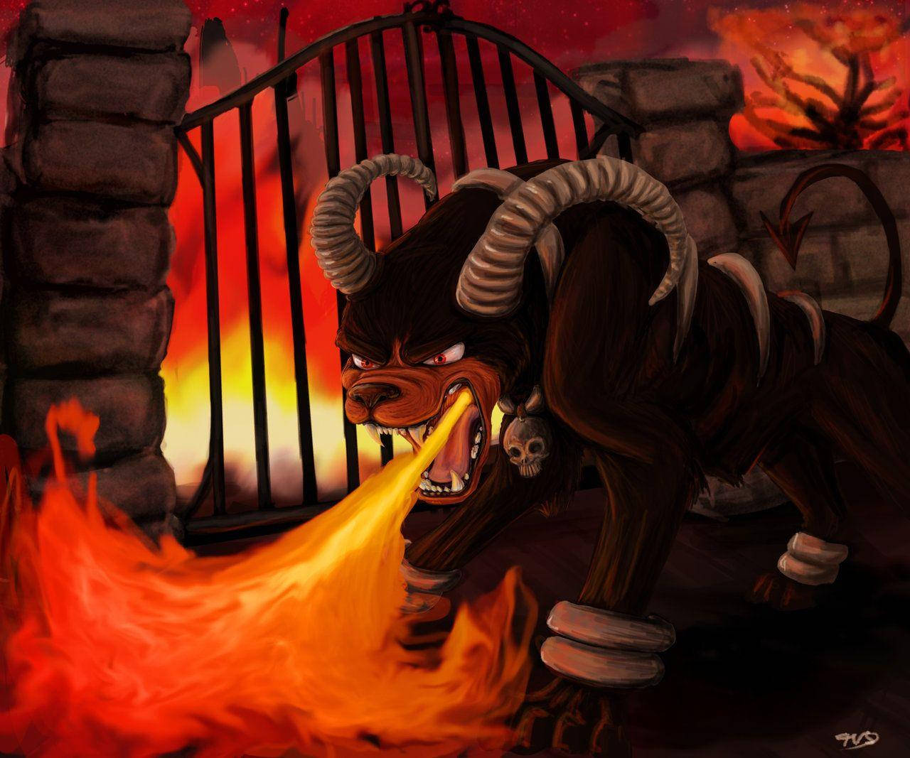 Scary Houndoom Breathing Fire Background