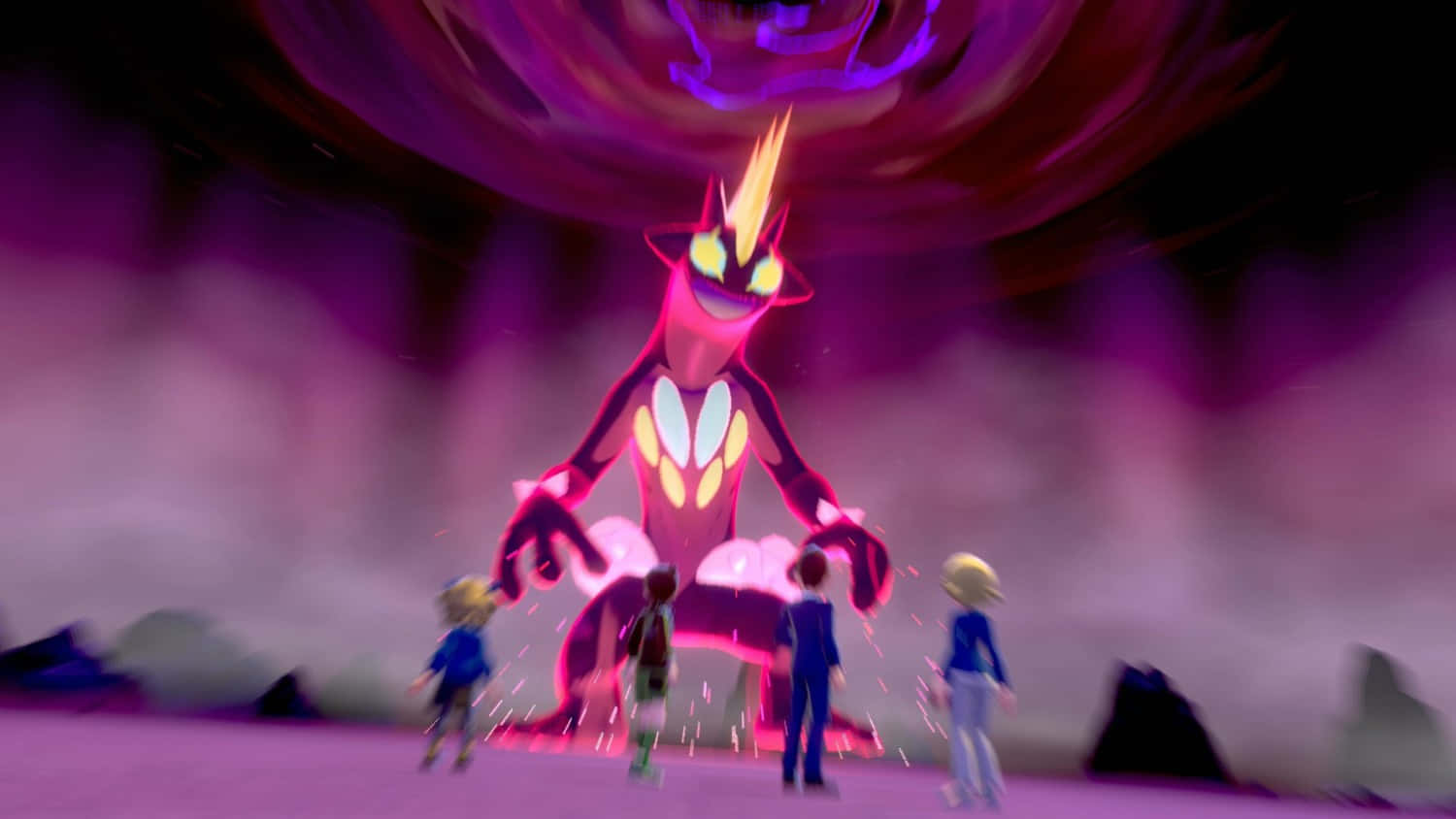 Scary-looking Toxtricity In Front Of People Background