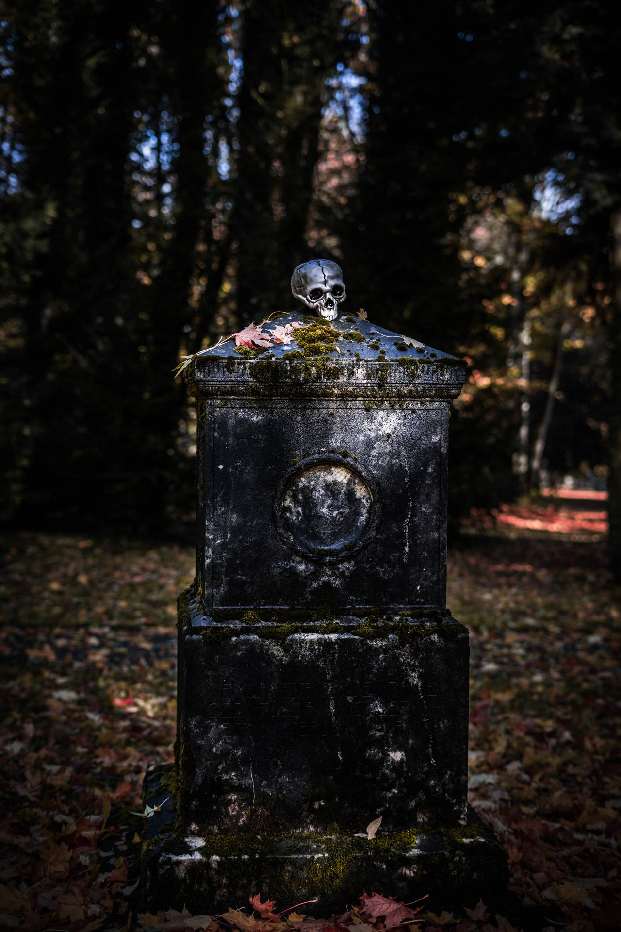 Scary Skull On A Tombstone Background