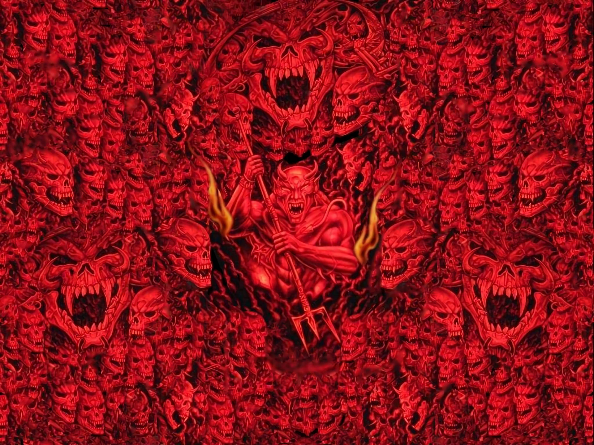 Scary Skulls In Red And A Demon Background