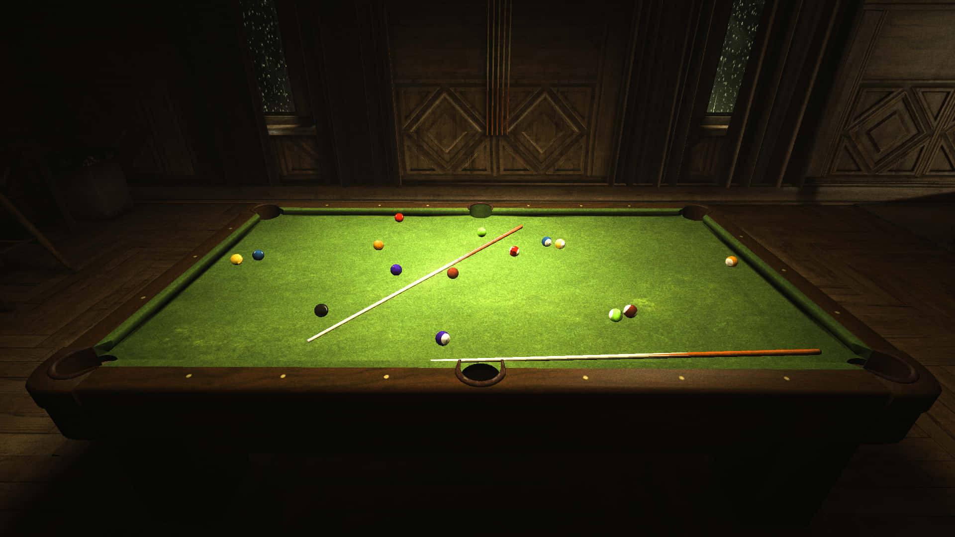 Scattered Balls And Cues Pool Table