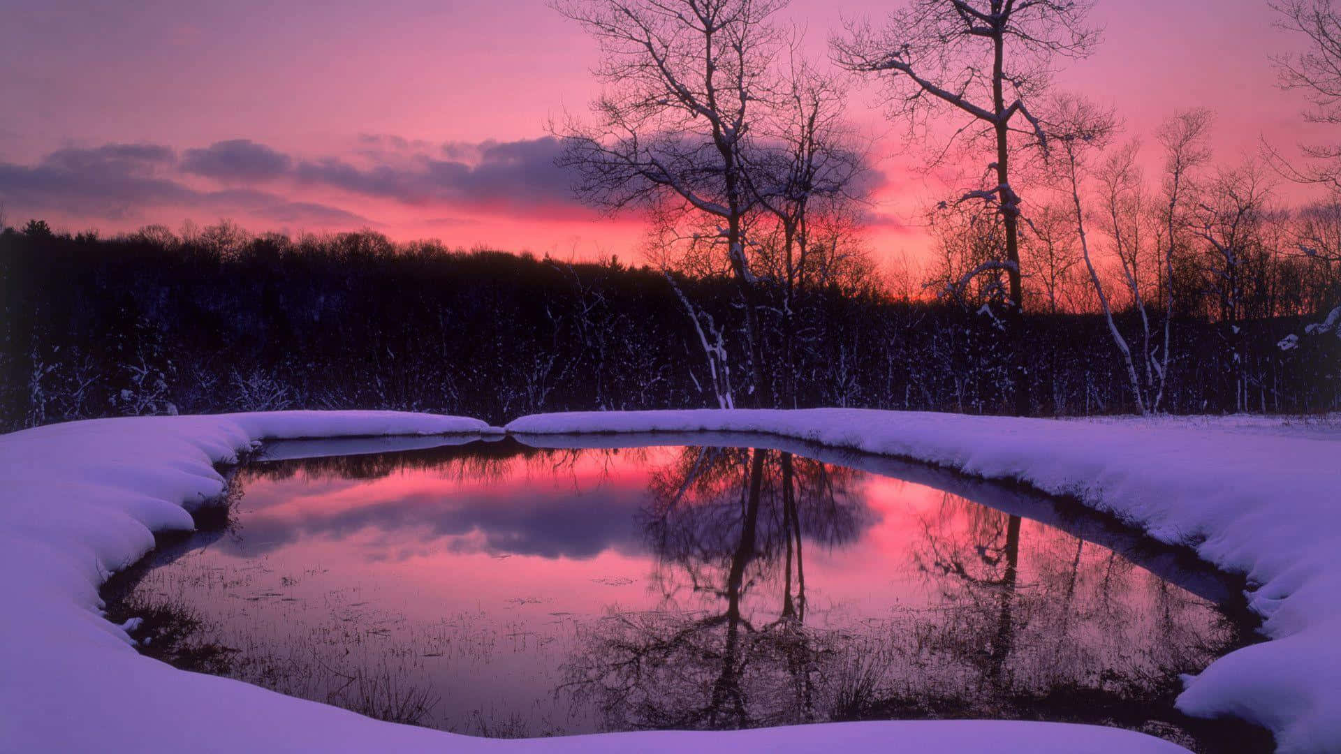 Scenic Desktop Pink Sky Over Lake In Winter Background
