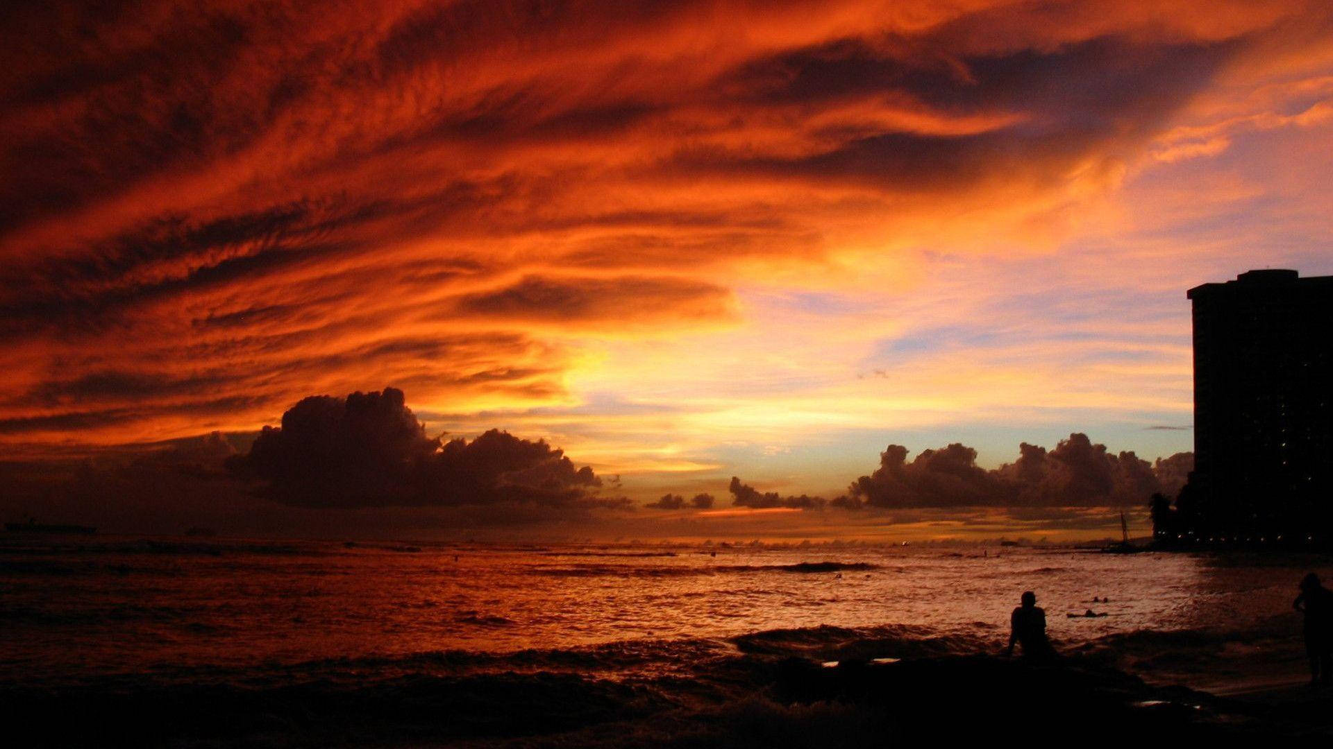 Scenic Ocean Sunset Red Clouds