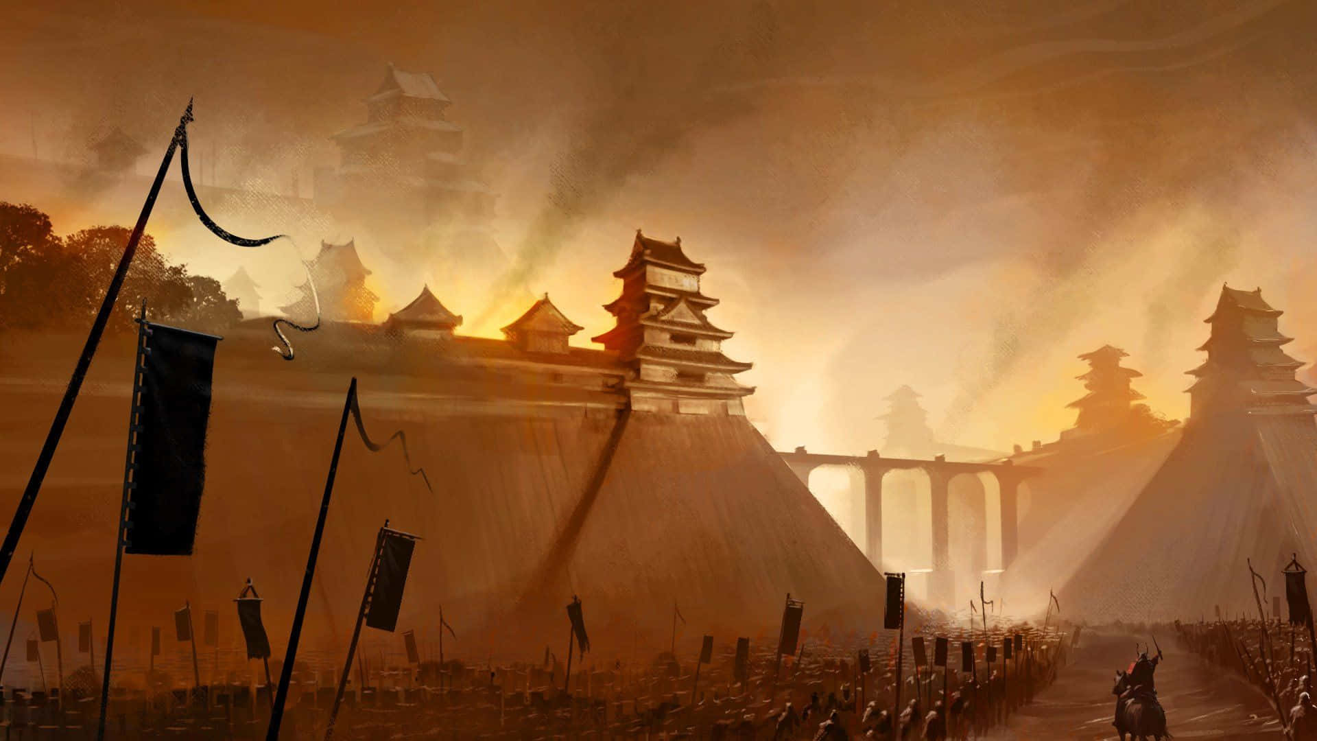 Scenic Shogun Landscape With Wisteria Flowers Background