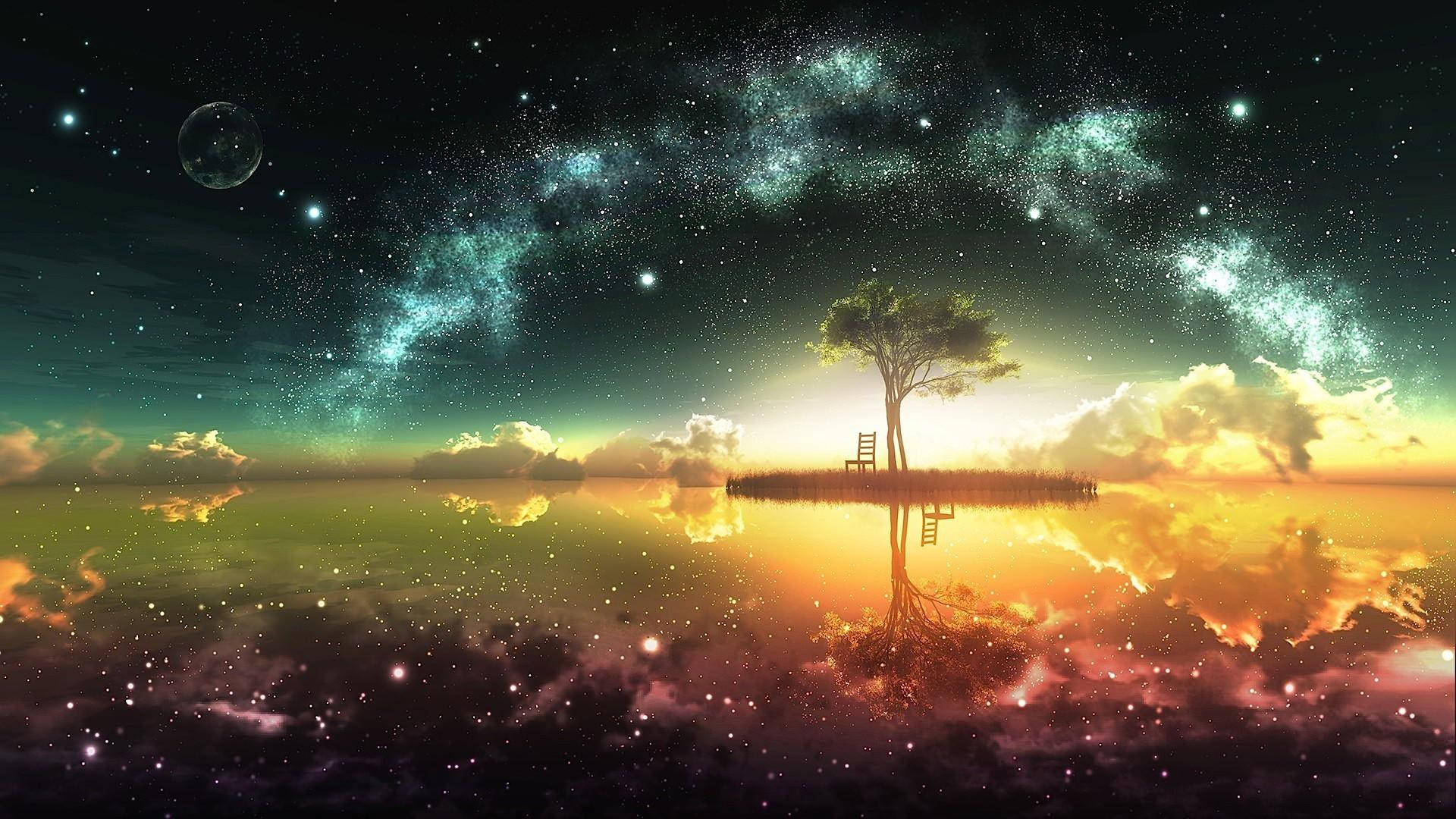 Scenic Tree Anime Night Sky Background