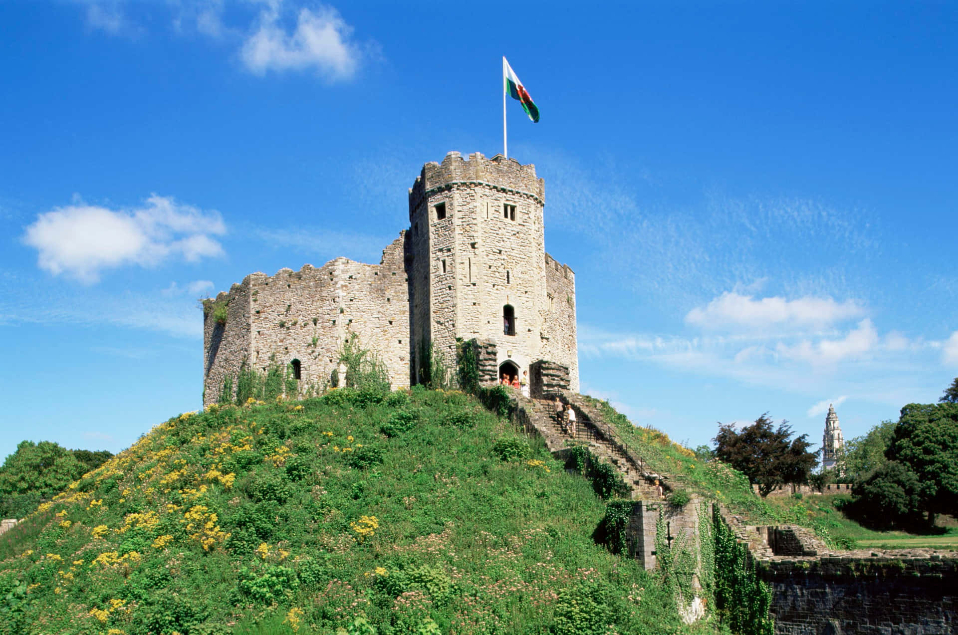 Scenic View Of Cardiff Castle Surrounded By Lush Green Grass