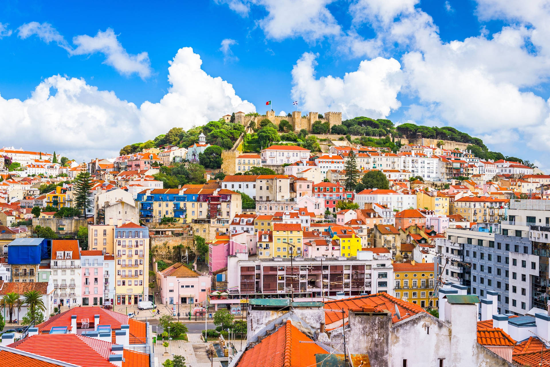 Scenic View Of Hilltop Houses At Sunset In Lisbon, Portugal Background