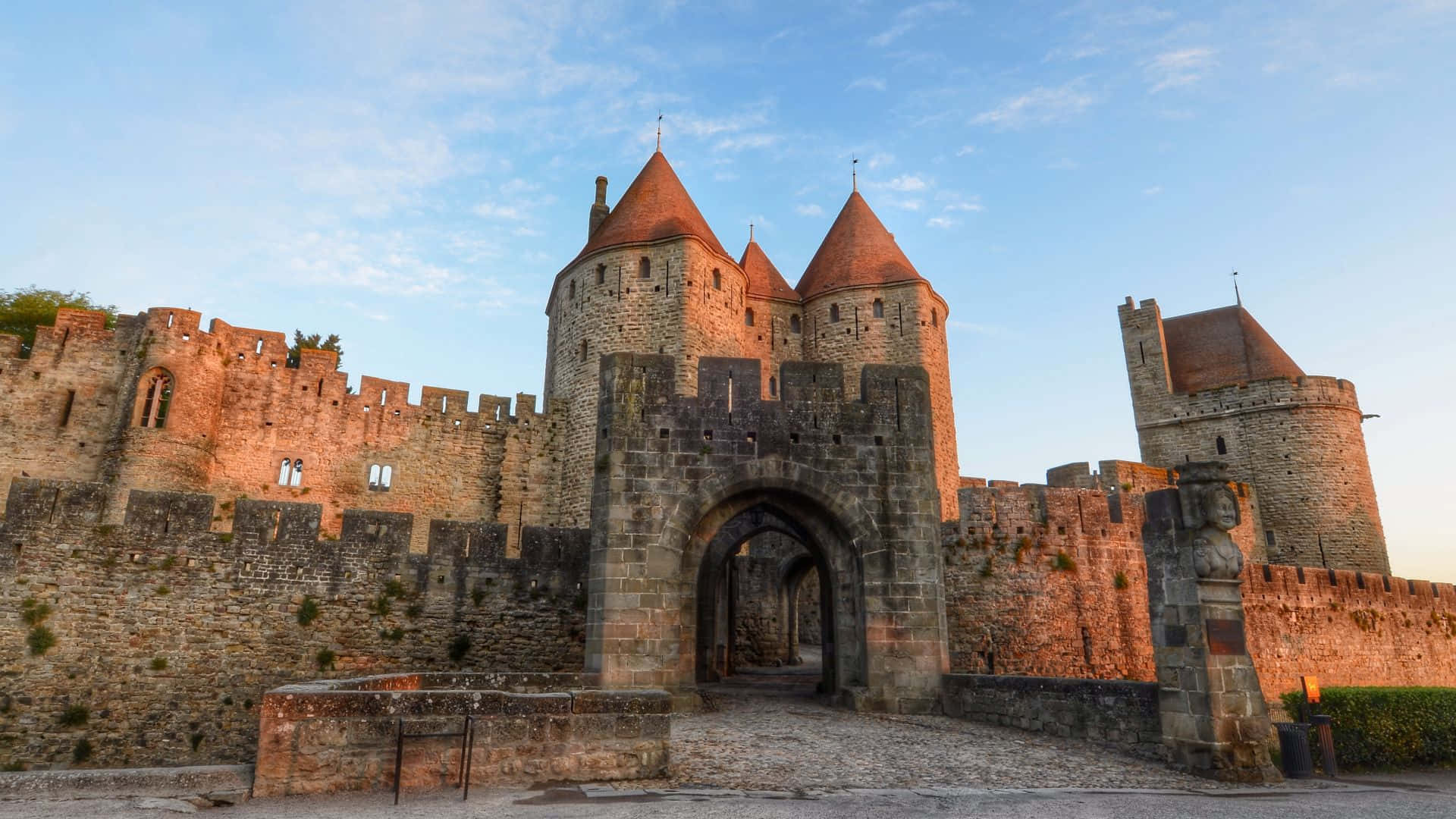 Scenic View Of The Historic Narbonne Gate At Chateau Comtal In Carcassonne Background