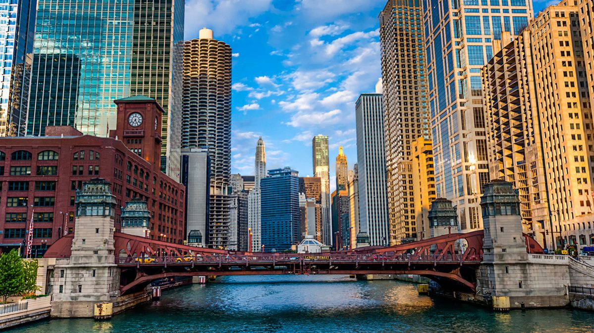 Scenic View Of Wells Street Bridge Over The Chicago River In Illinois