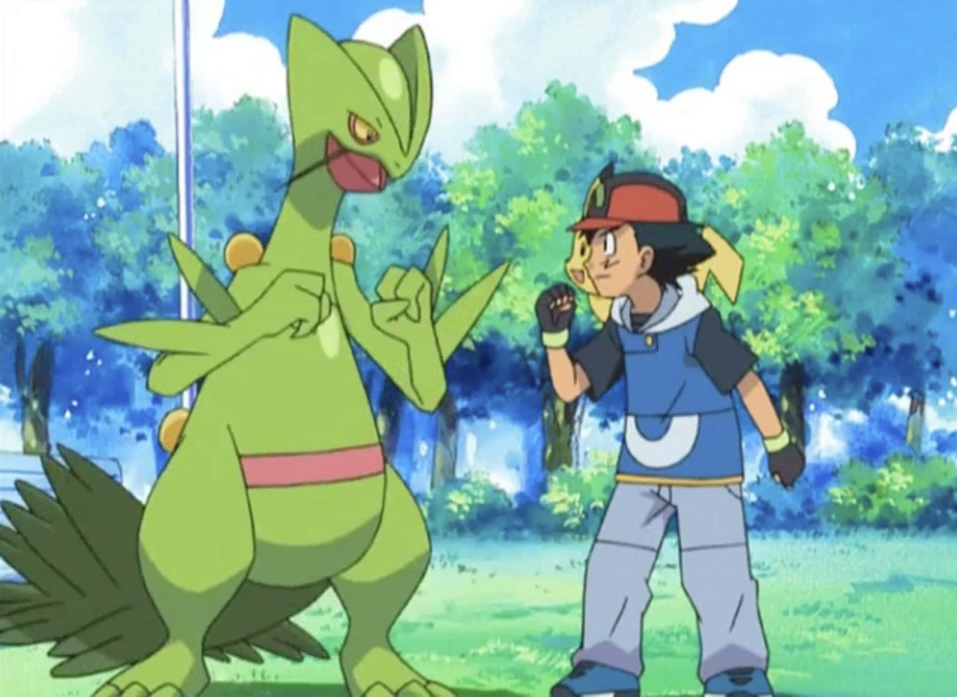 Sceptileand Trainerin Forest Anime Scene Background