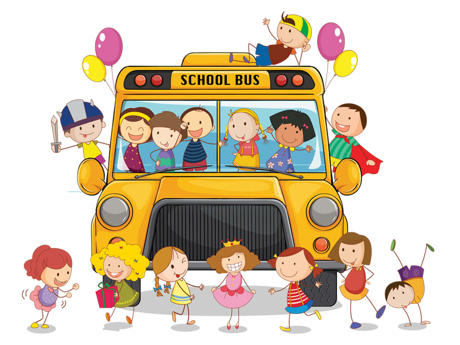 School Bus With Kids And Balloon Clipart Background