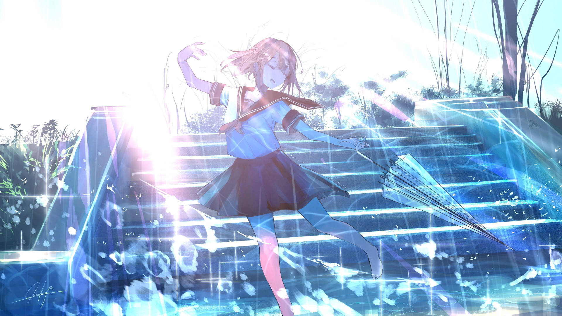 School Girl Anime Dance In Rain Background