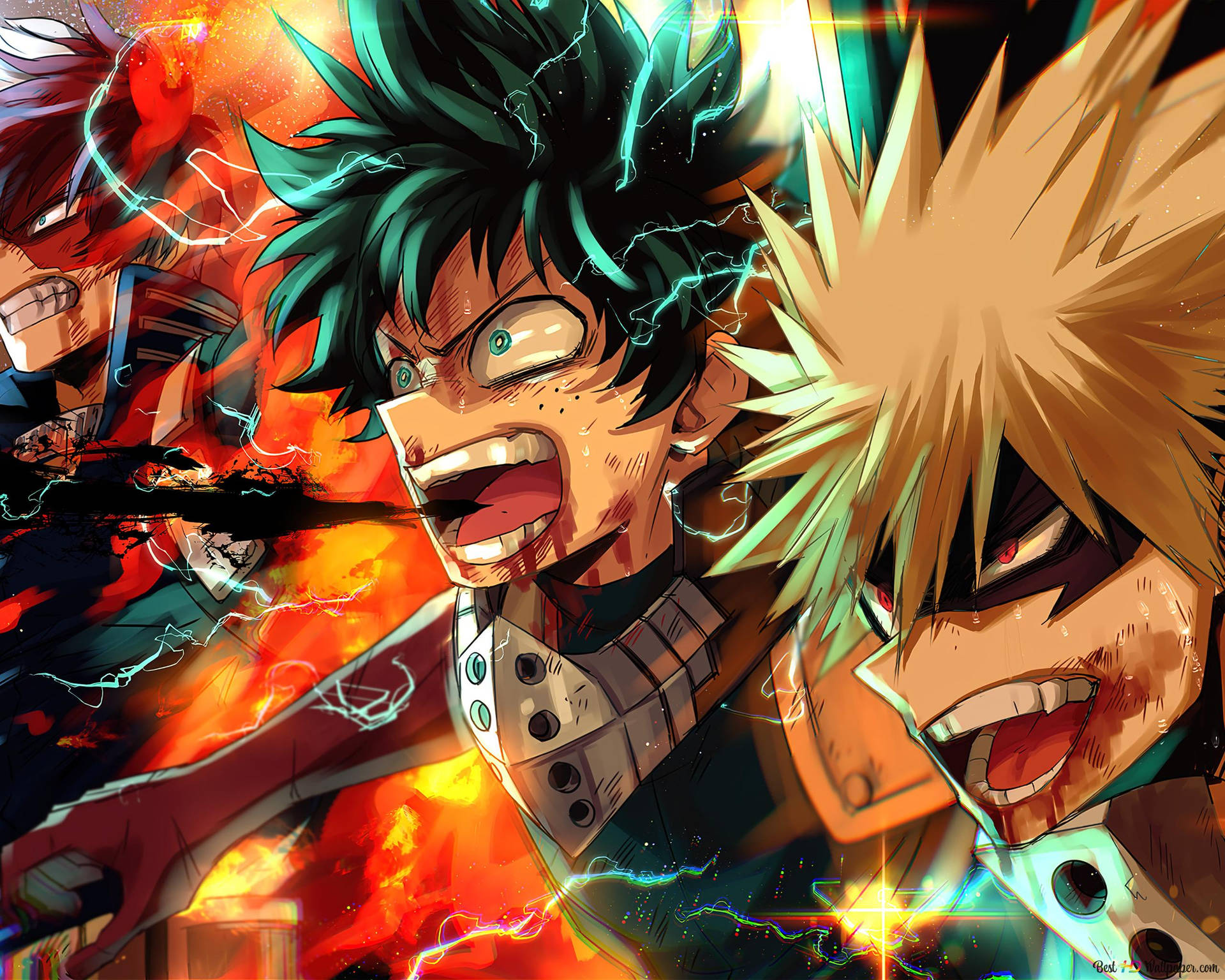 School Of Young Superheroes Deku, Todoroki And Bakugou. Background