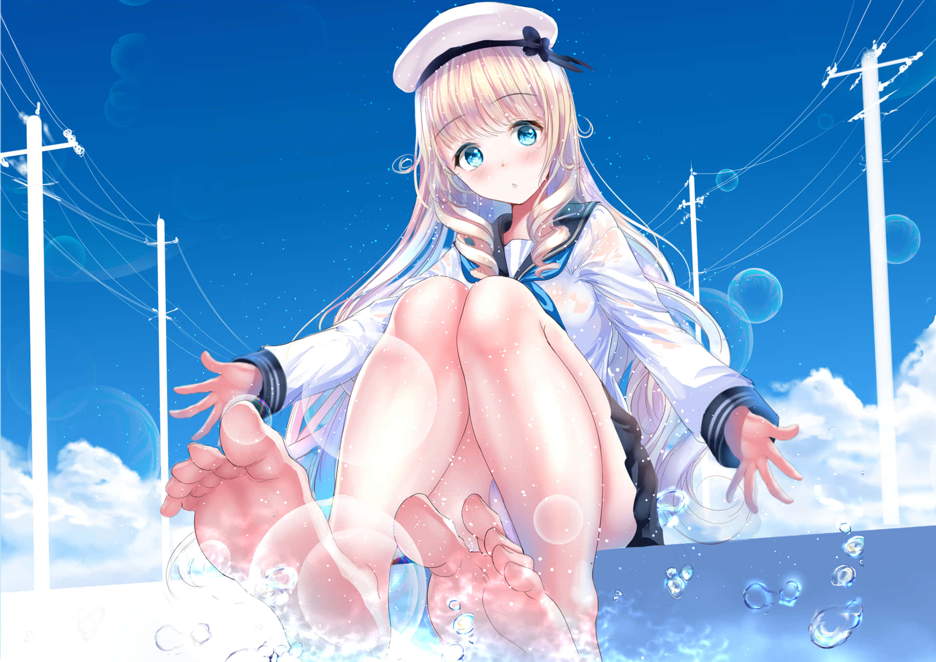 School Uniform Anime Girl Feet On Bubbles Background