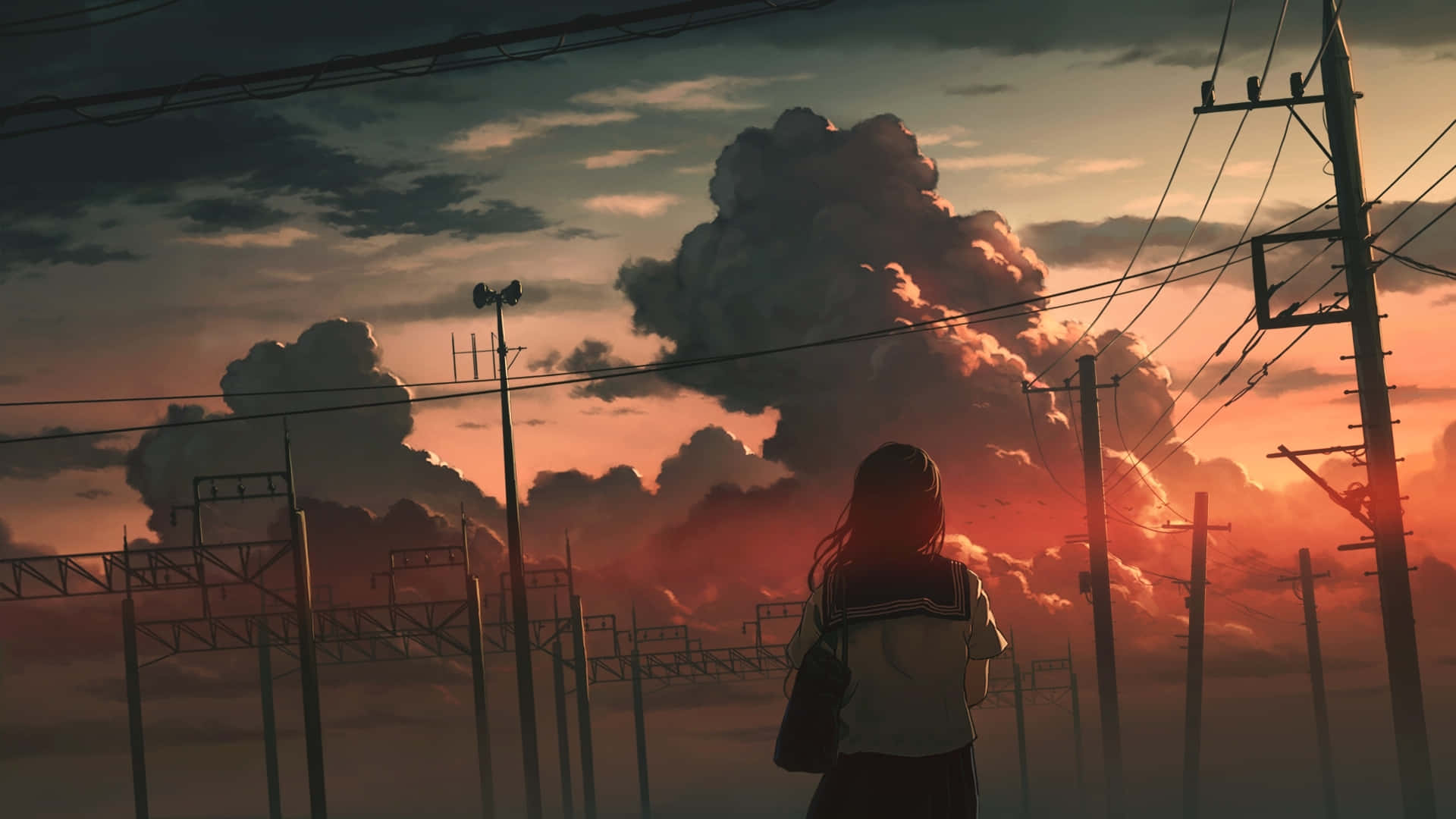 Schoolgirl Anime Sunset Cloudy Sky