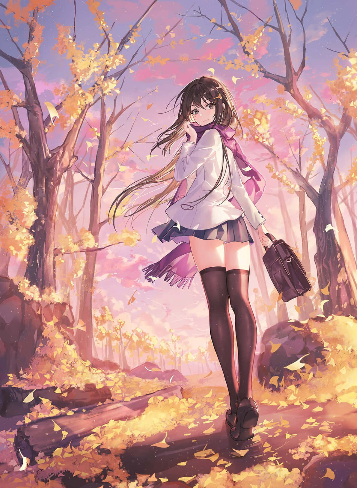 Schoolgirl Glancing Back - Fall Anime Illustration Background
