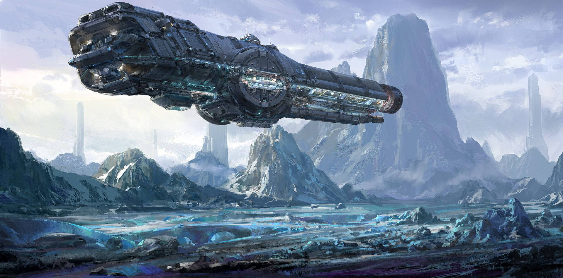 Sci-fi Spaceship In The Mountains Background