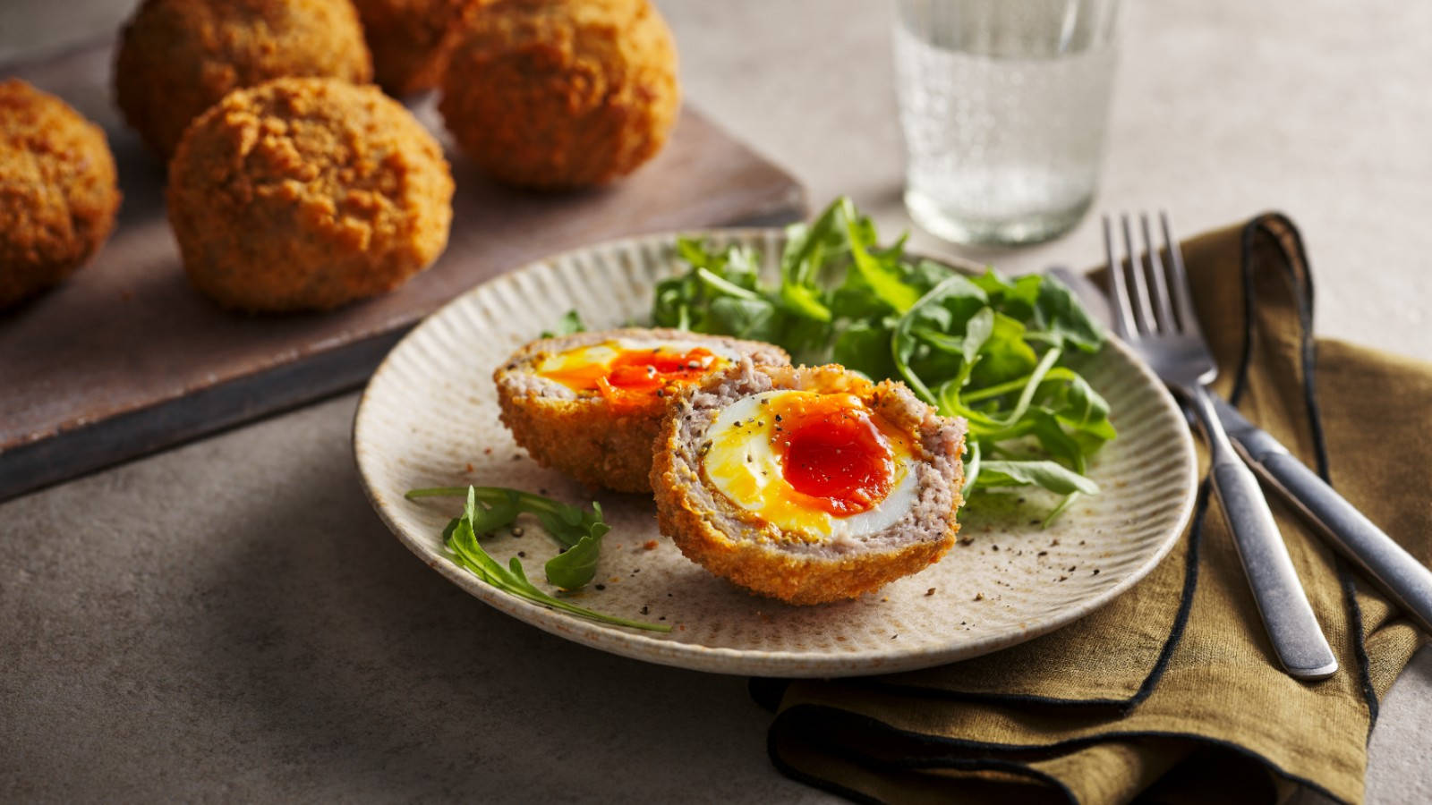 Scotch Eggs Dish And Vegetables Background