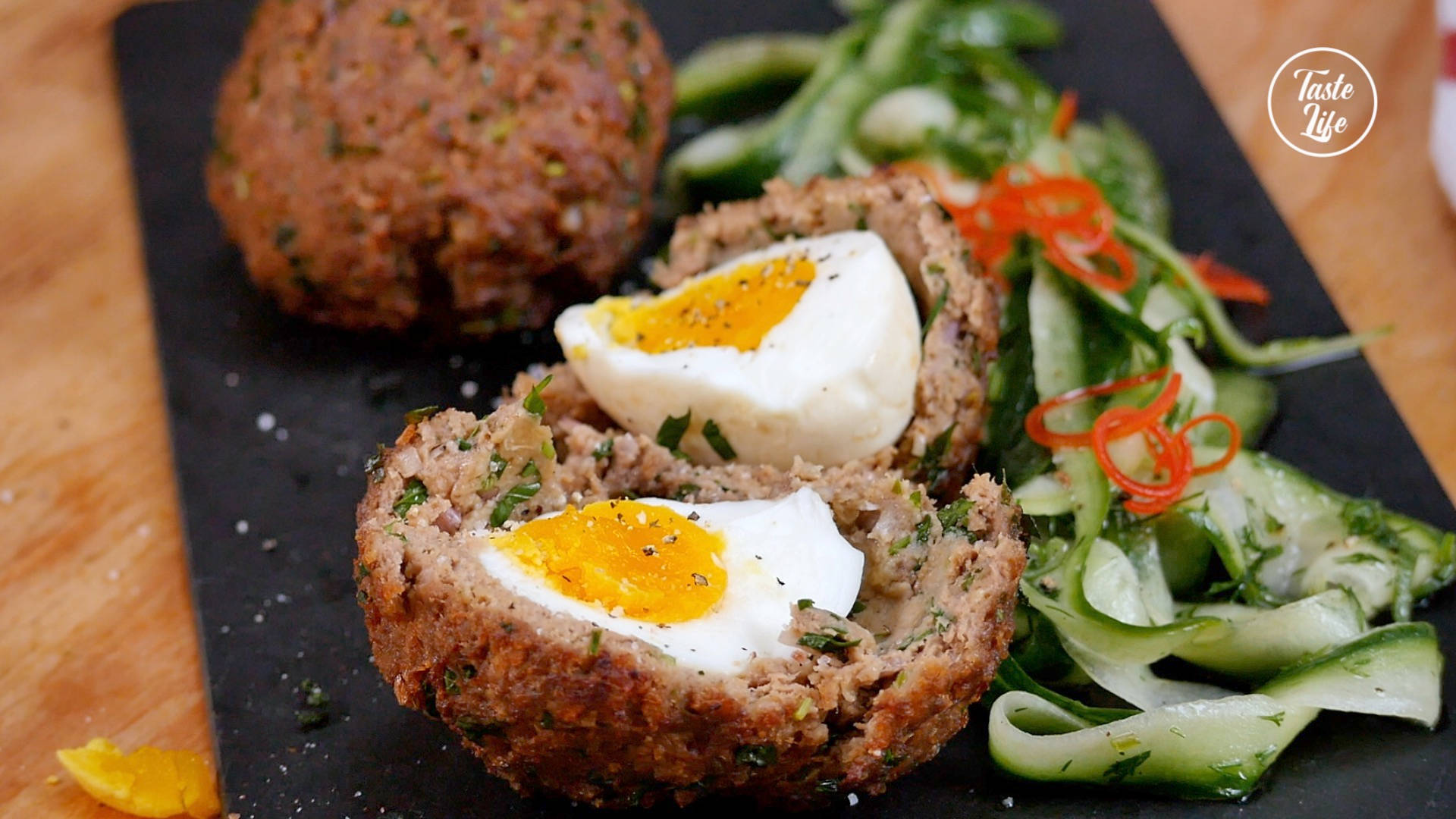 Scotch Eggs With Pickled Peeled Zucchinis Background