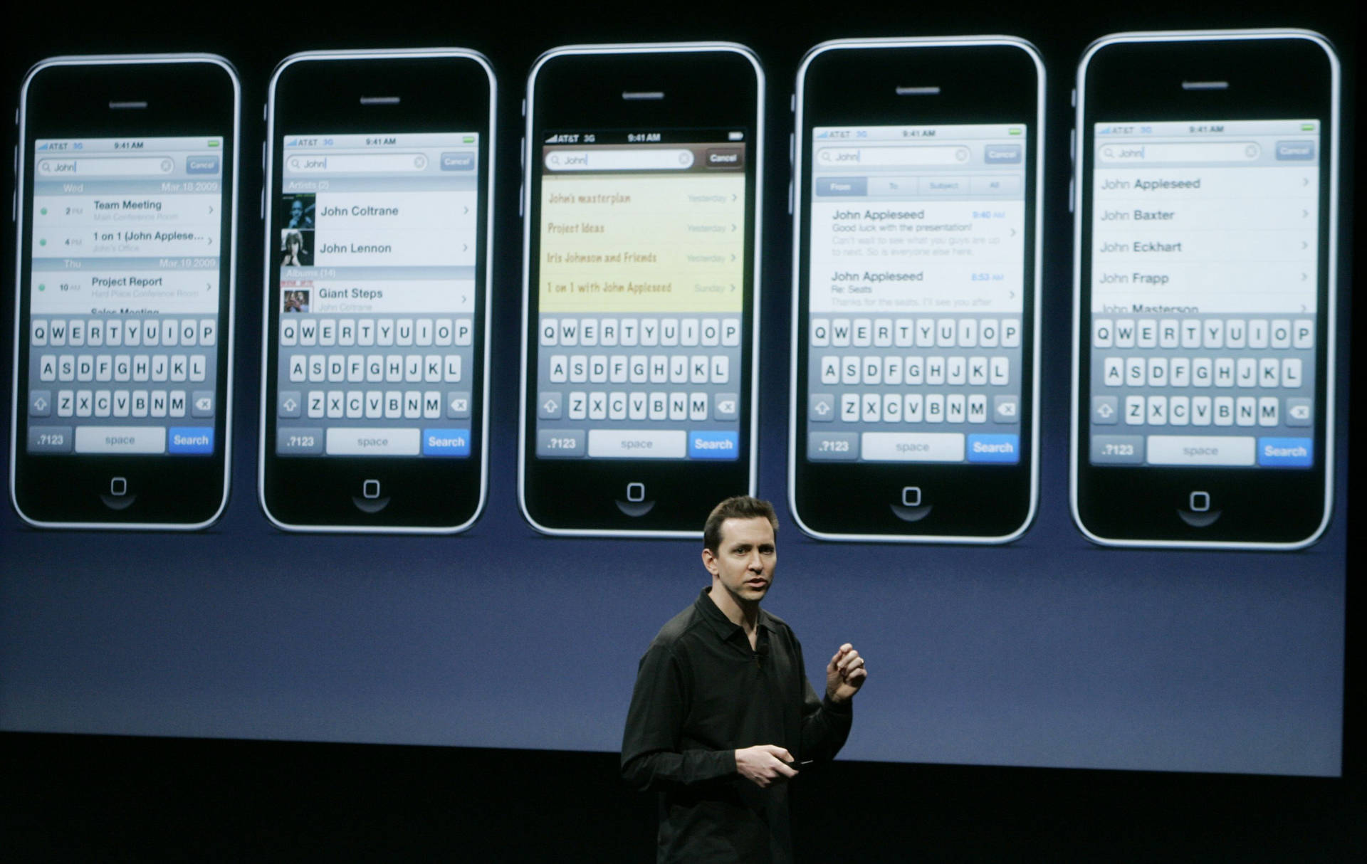 Scott Forstall Wearing A Long Sleeve Shirt Presenting Background