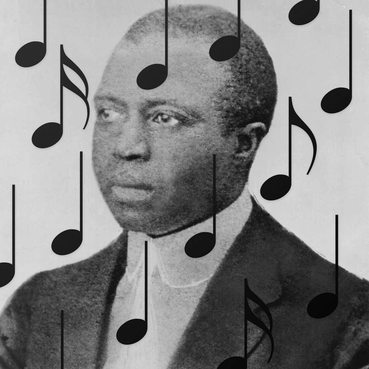 Scott Joplin With Music Symbols Black And White Background