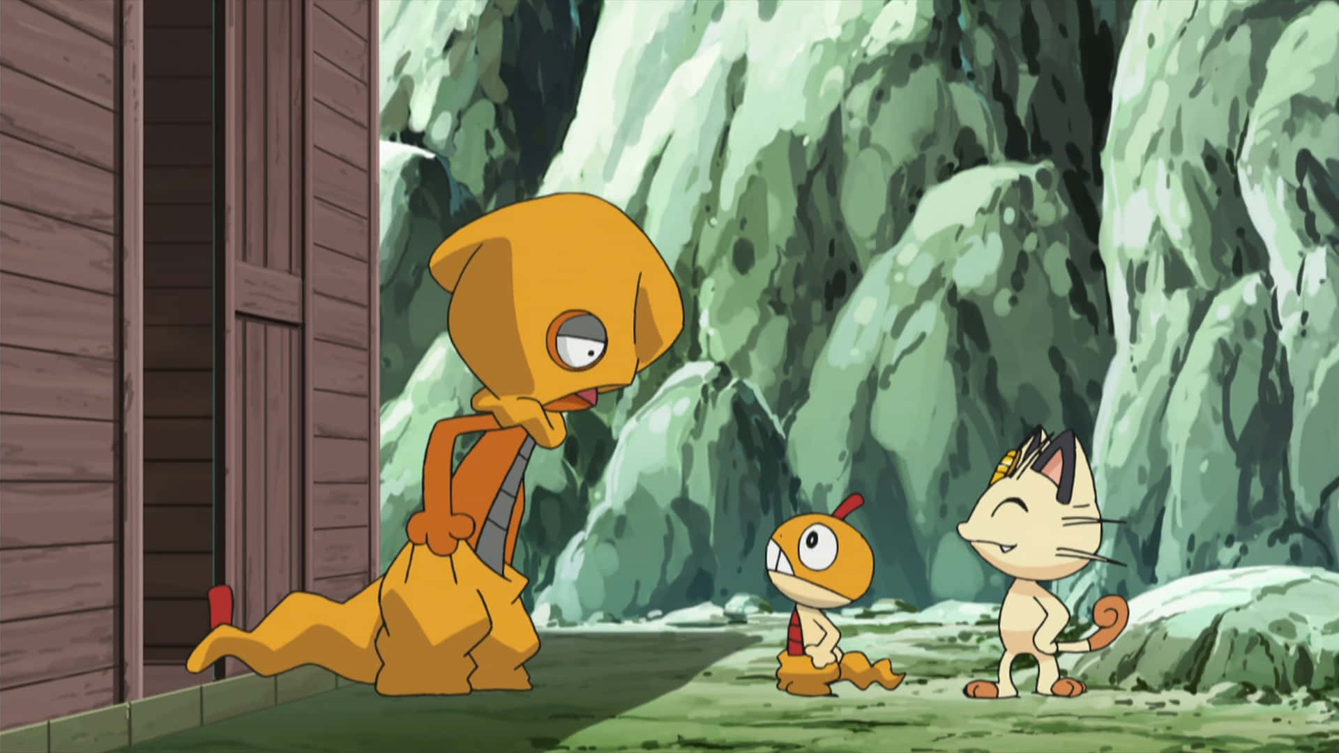 Scrafty Talking To Scraggy And Meowth In A Vivid Encounter Background
