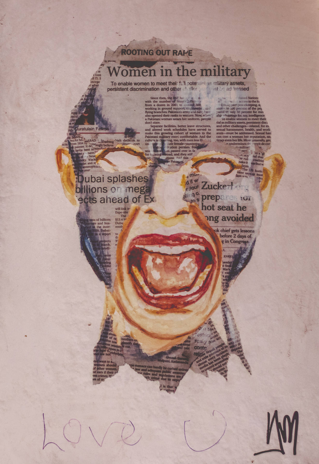 Screaming Face Newspaper Collage Background